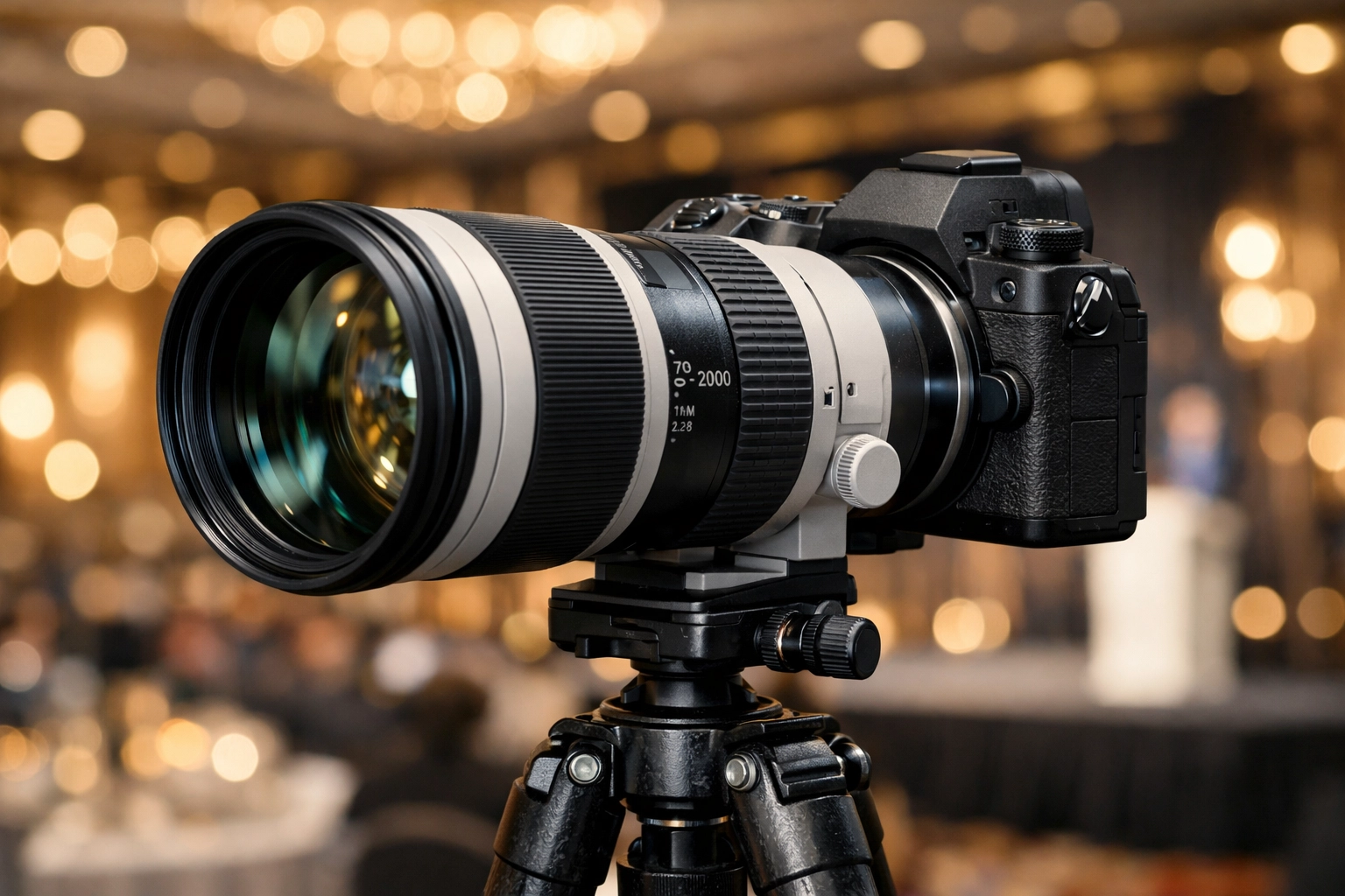 Professional corporate event photographer miami camera gear set up in a luxury ballroom.