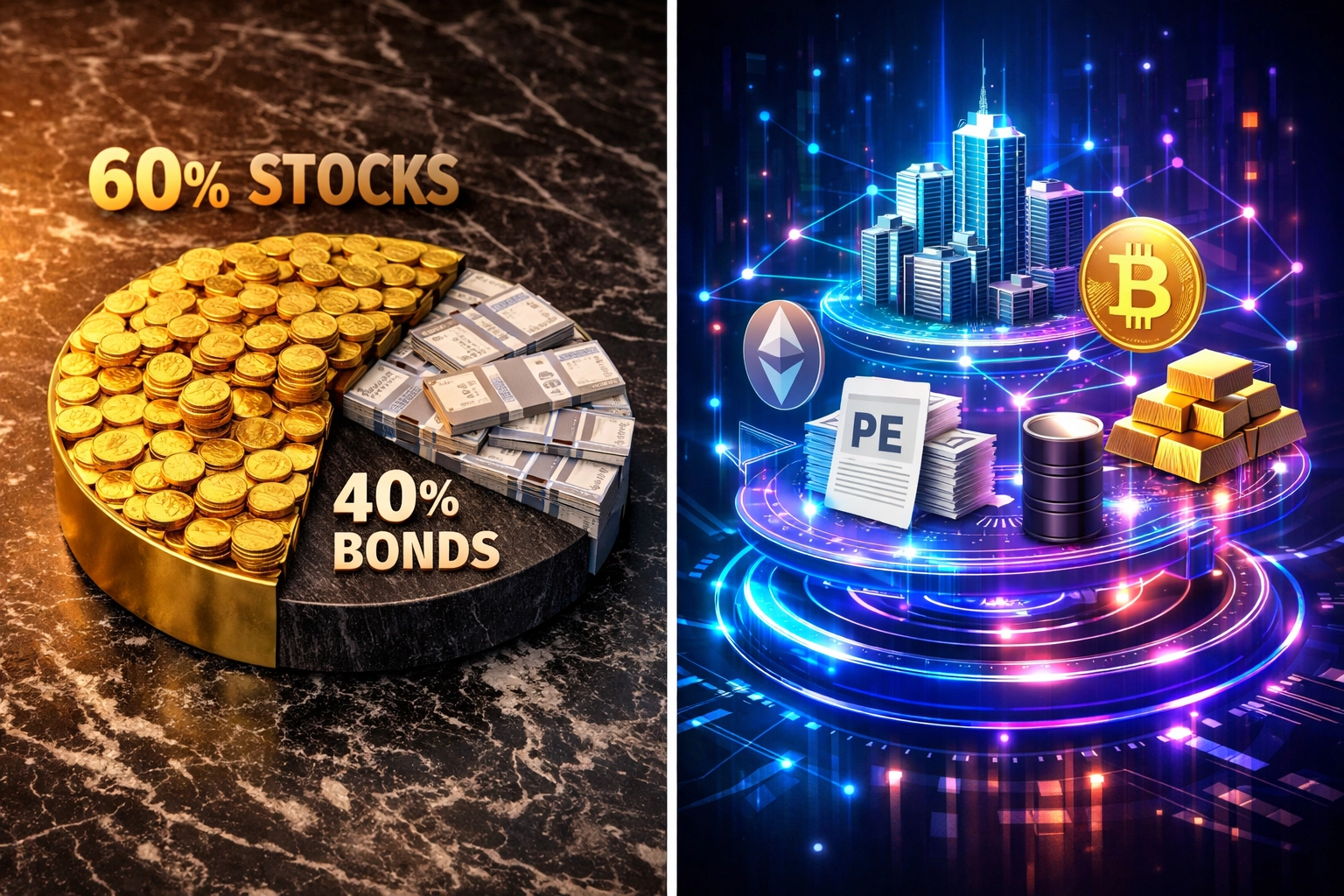 Comparison of traditional 60/40 portfolio versus modern multi-asset diversification strategy