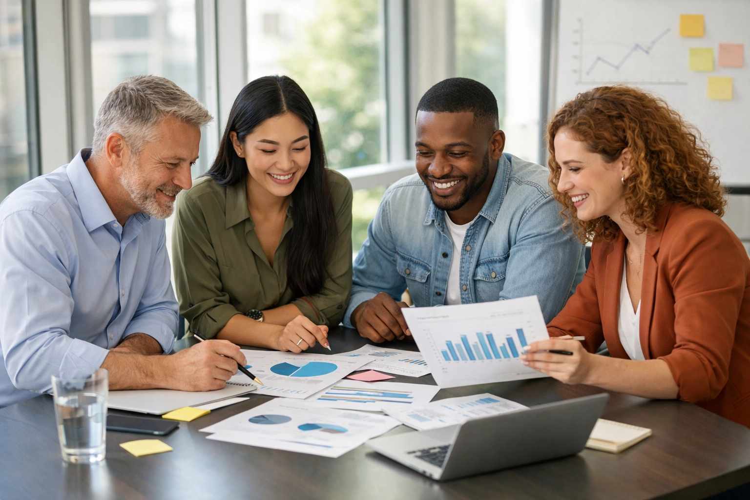 Small business team collaborating on tax planning and financial strategy in modern office
