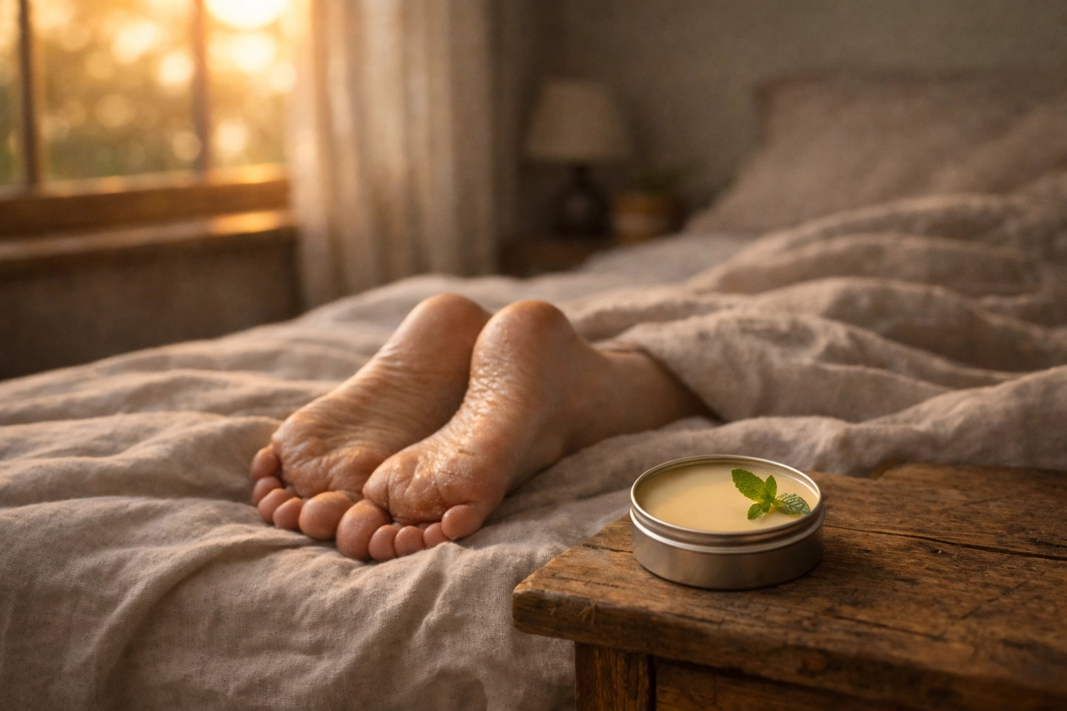 Tired feet resting with peppermint tallow balm for end-of-day cooling relief