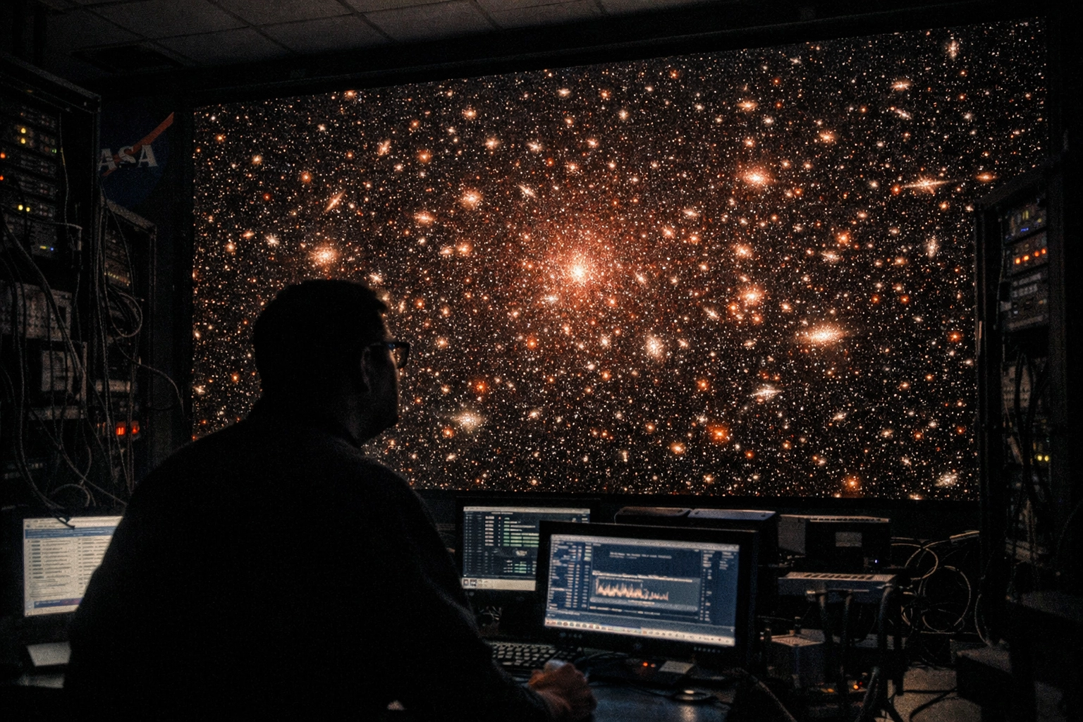 An astronomer views a large screen showing a wide-angle galaxy survey from the Nancy Grace Roman Space Telescope.