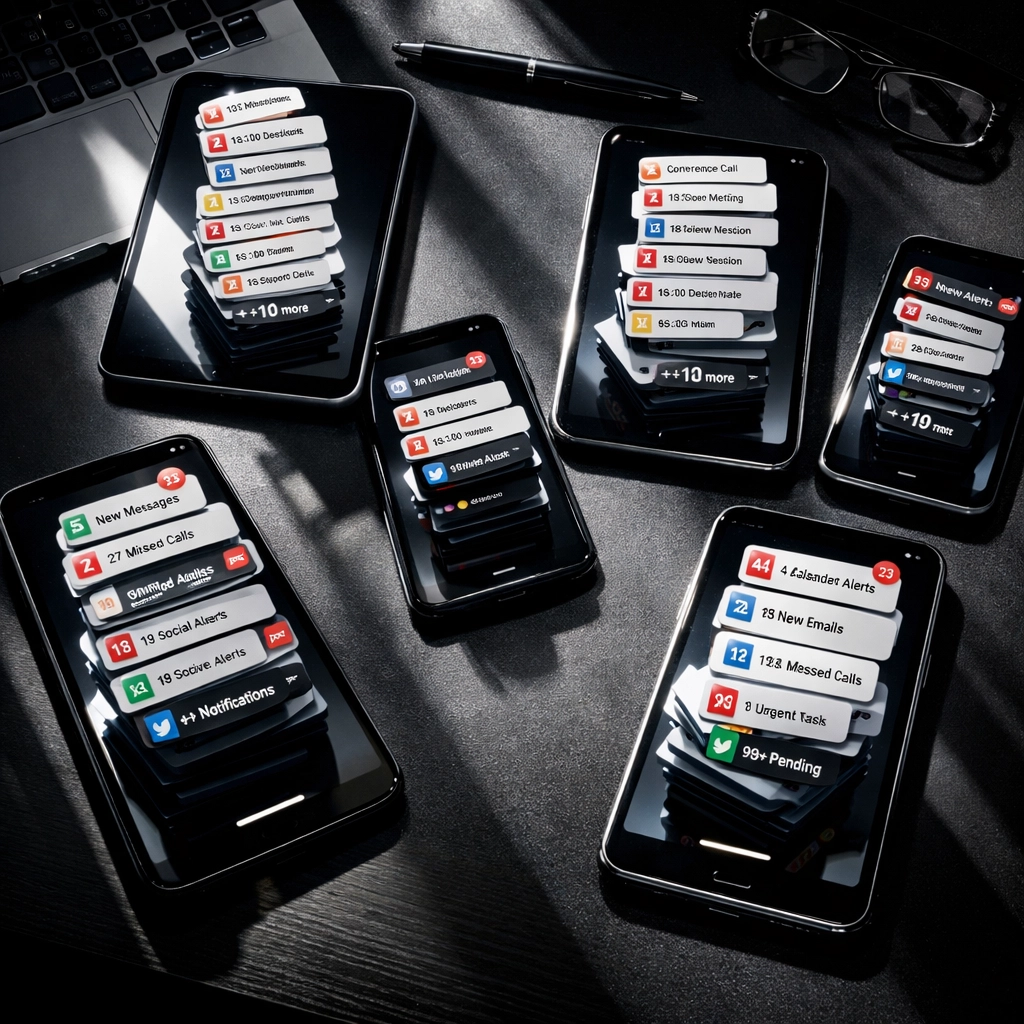 Overwhelmed family office desk with multiple devices showing decision bottleneck and workflow overload