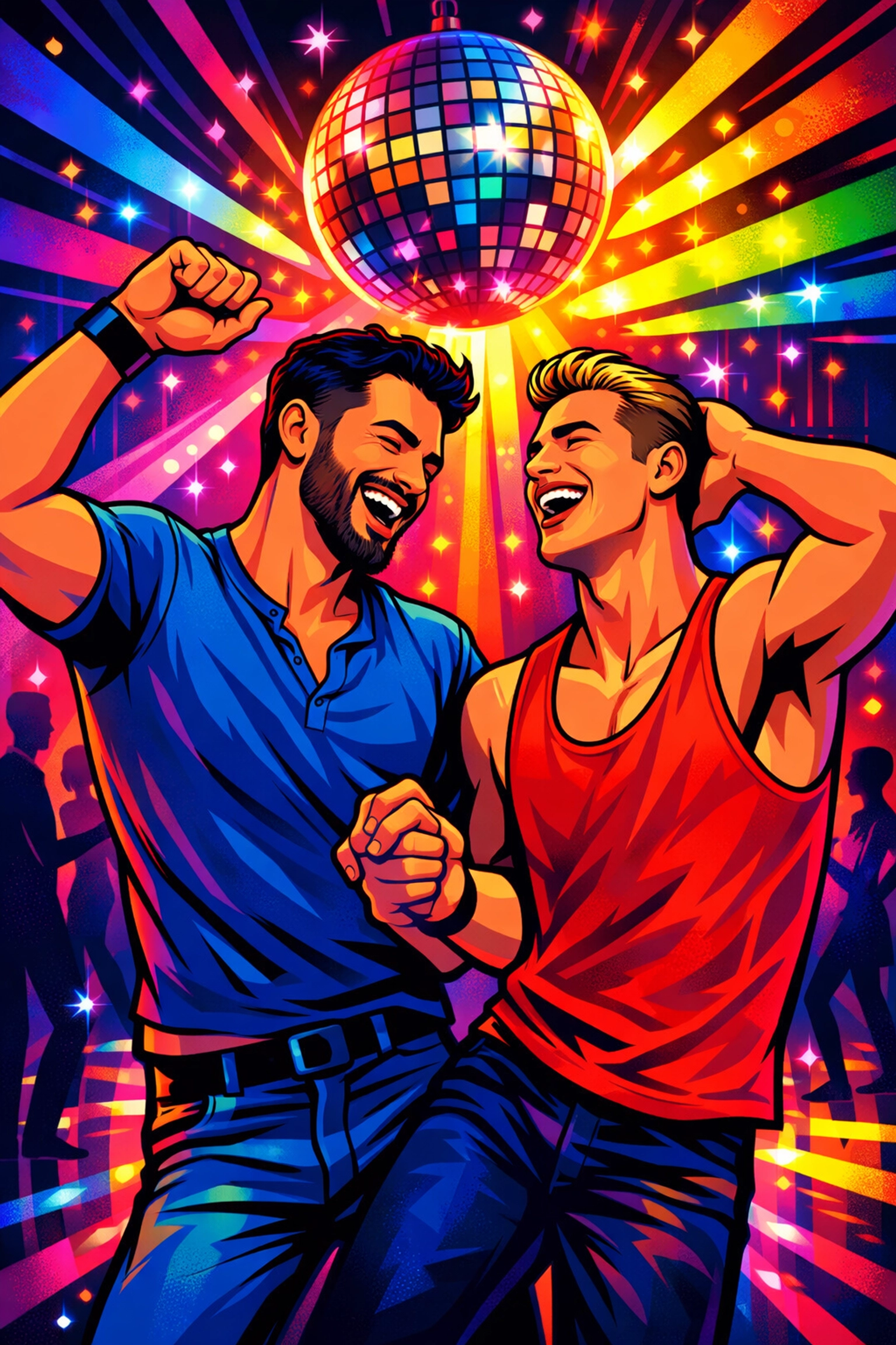 Gay men celebrating freedom and authenticity in rainbow-lit nightclub representing queer liberation