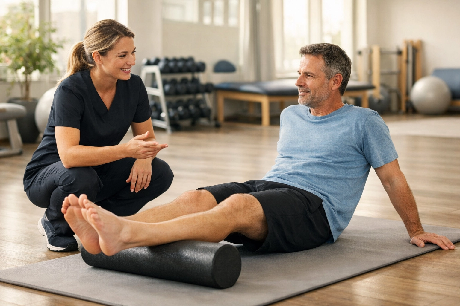 A patient is lying on a mat using a foam roller under their legs for myofascial release while a physical therapist supervises.