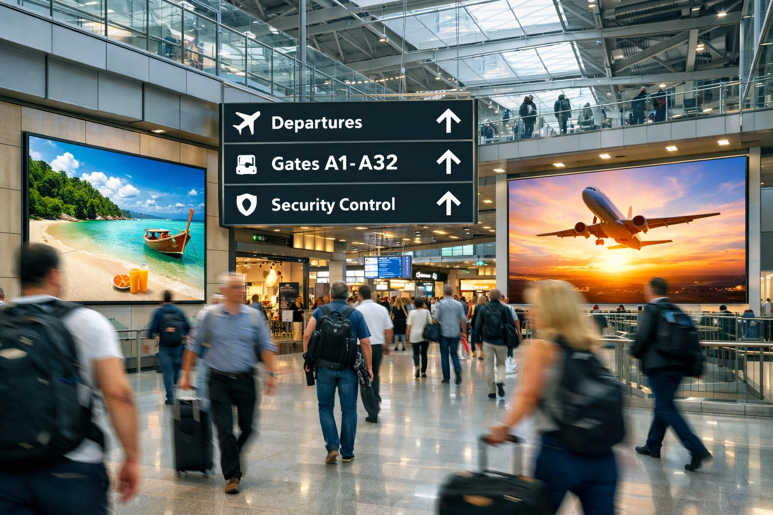 Digital signage in a high-traffic transit hub illustrating strategic out-of-home advertising placement.