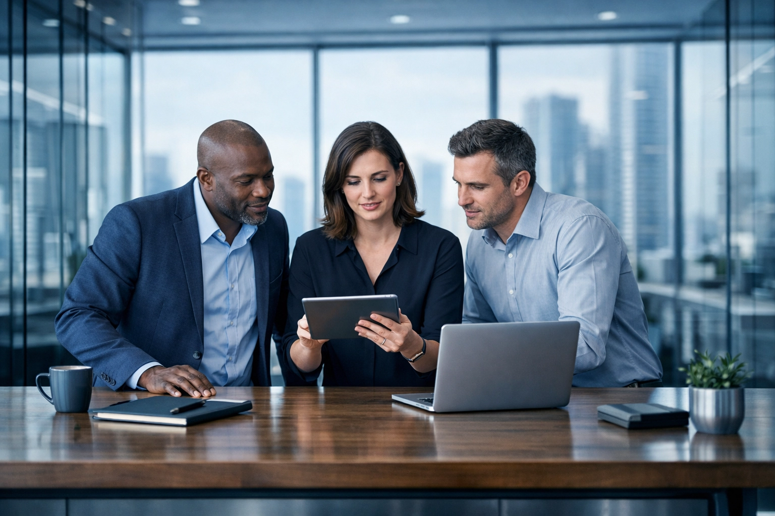 Business professionals collaborating on team email workflows in a secure, modern office environment.