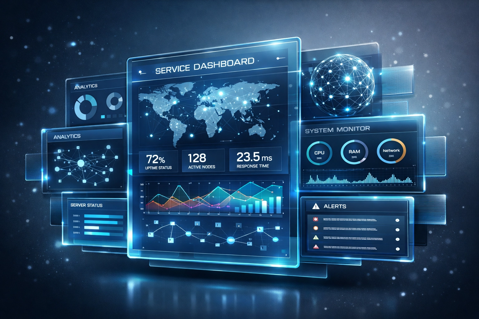Comprehensive IT monitoring dashboard showing managed services network management capabilities