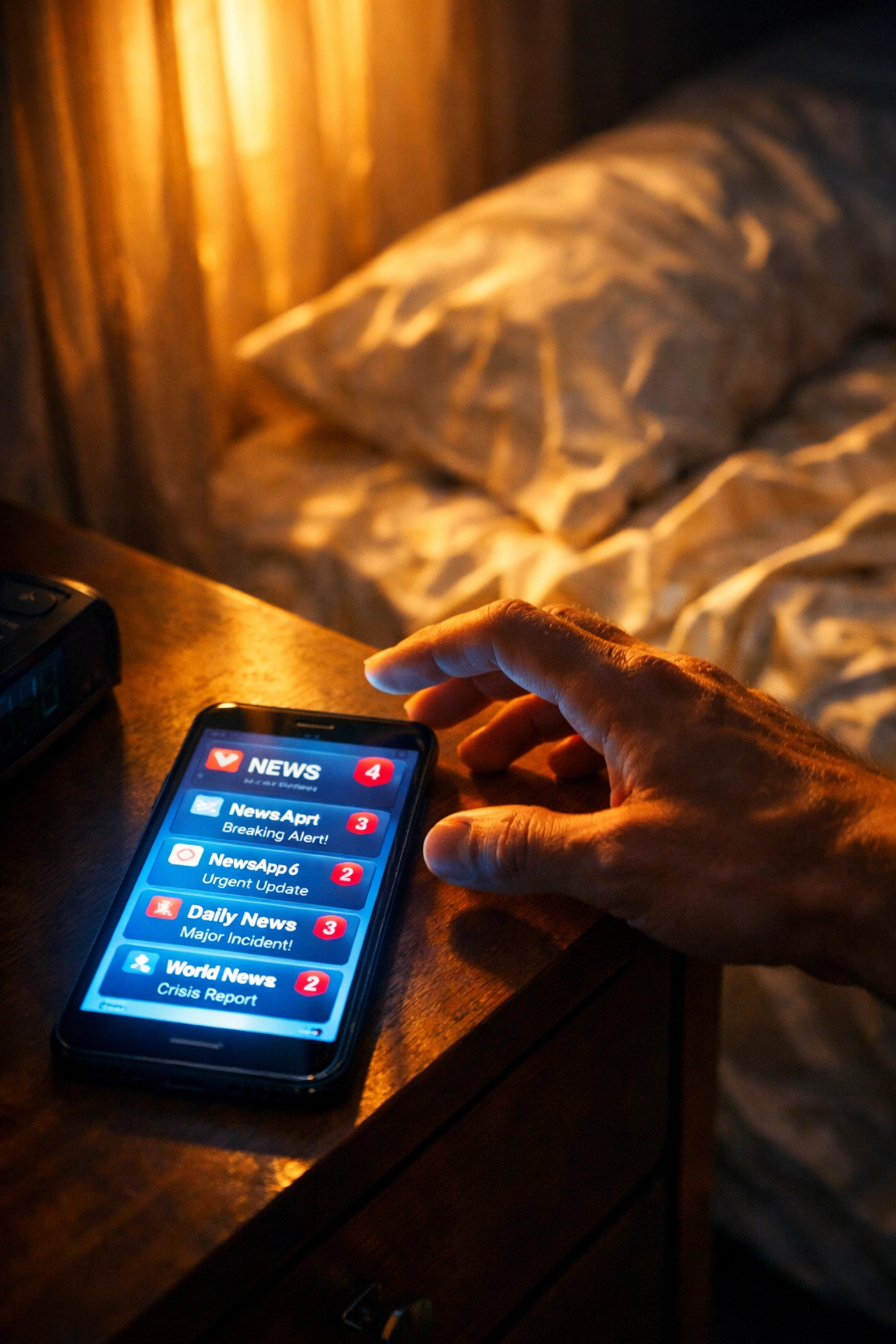Person reaching for phone with stressful news notifications on nightstand in early morning light