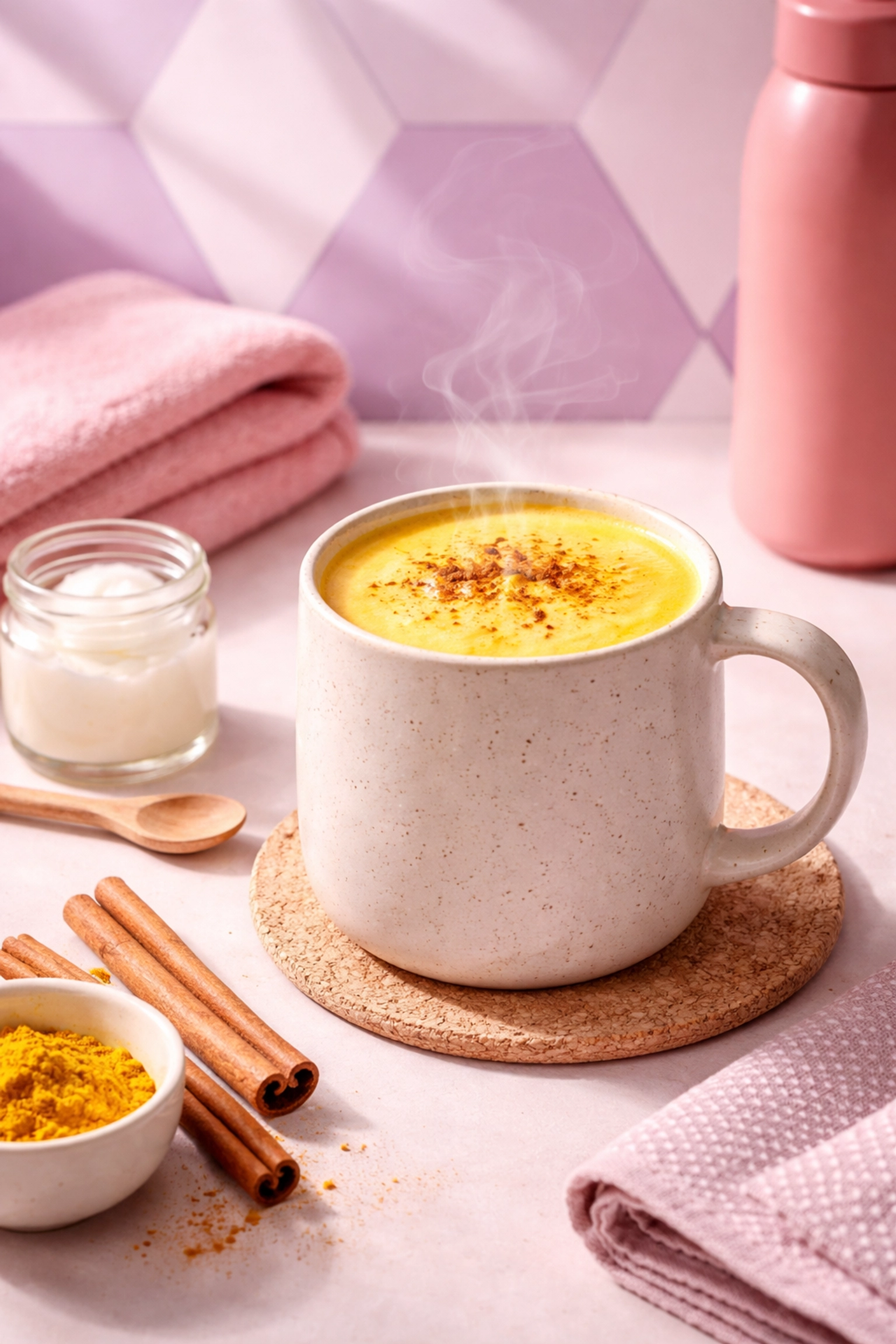 Warm ceramic mug of post-workout golden turmeric latte with cinnamon, ideal for recovery and promoting wellness.