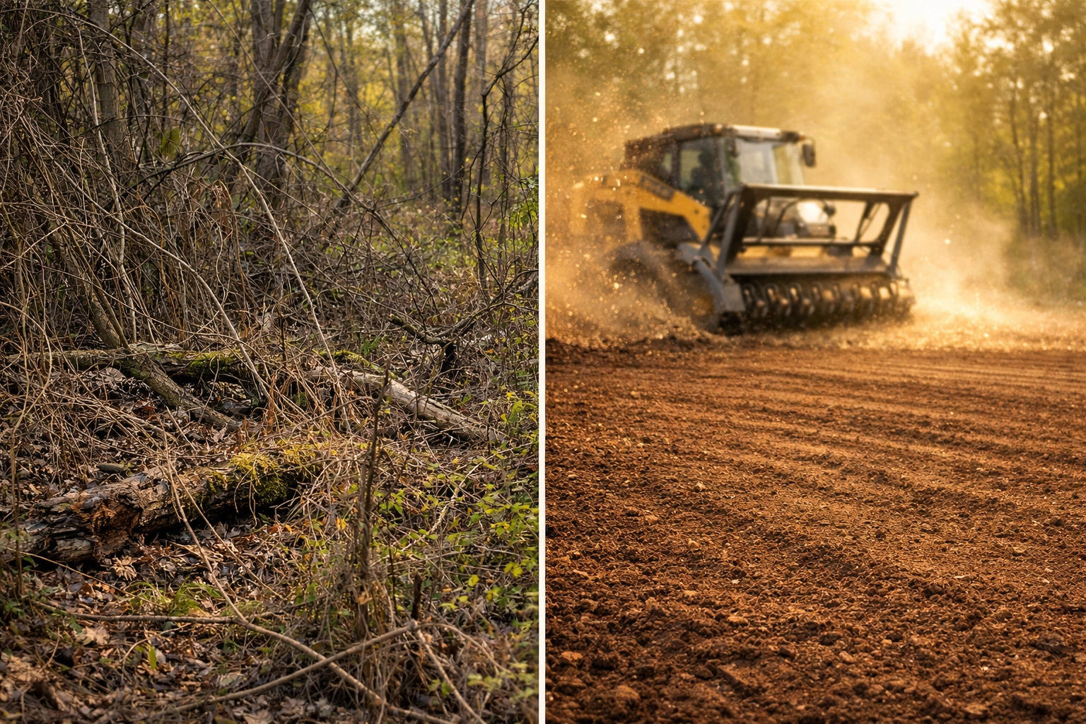 Before and after professional land clearing and forestry mulching on a rugged Michigan property site.