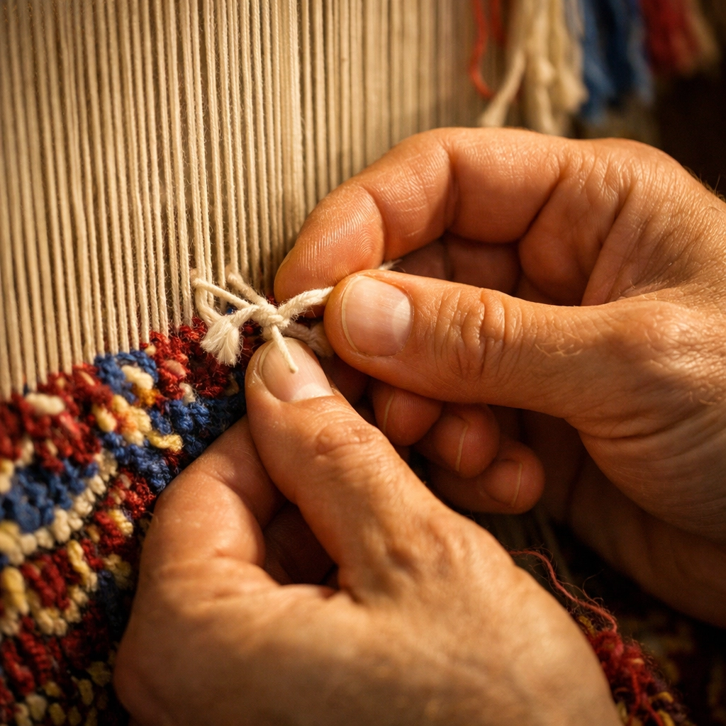 Artisan hands tying traditional Persian knots on weaving loom creating hand-knotted rug