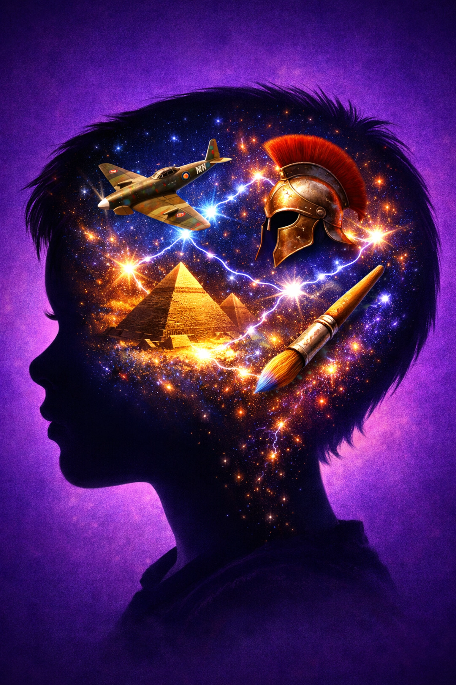 A child's silhouette filled with historical icons representing learning through engaging stories for kids.