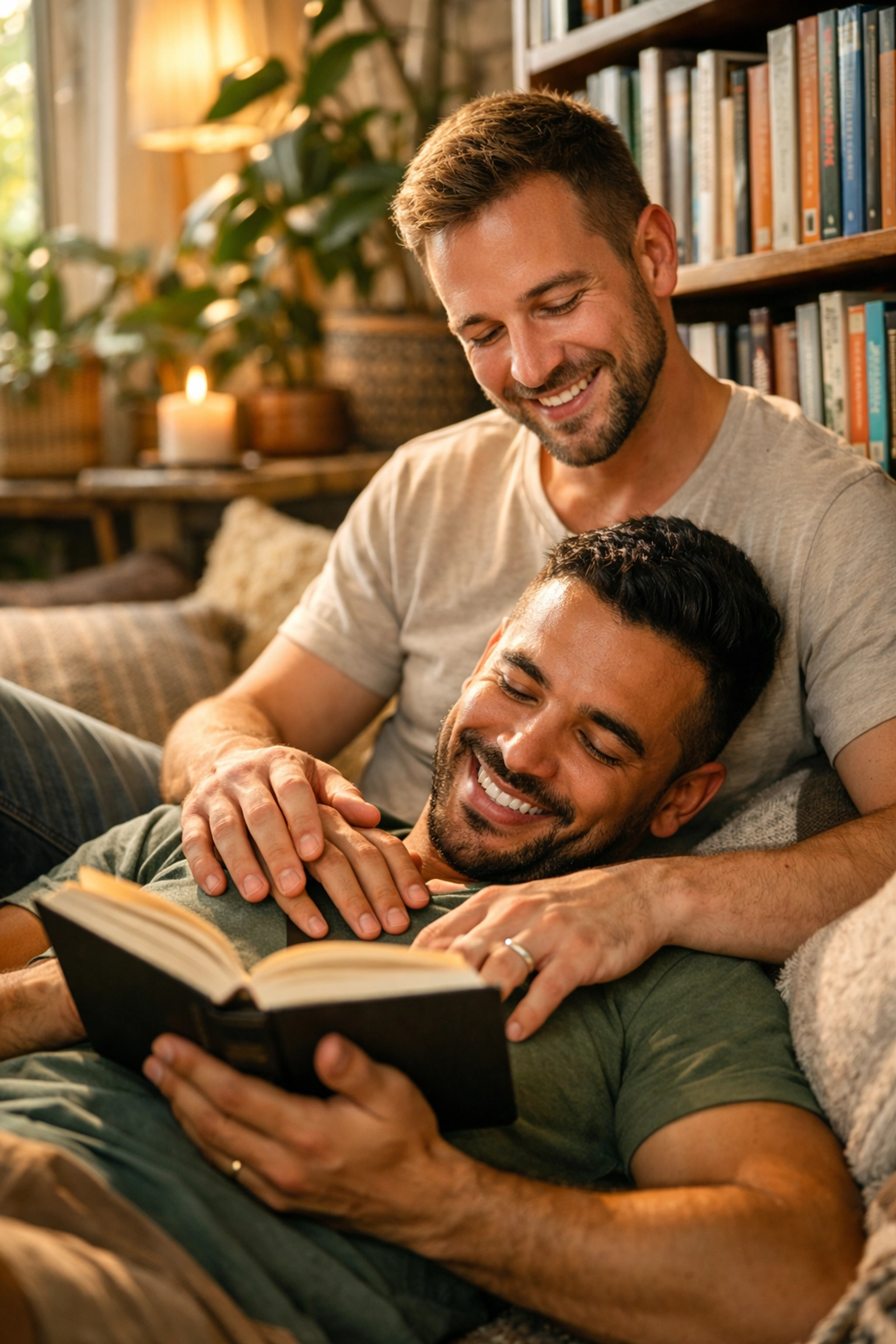 A gay couple reading books together in a sunlit room, illustrating the sacred bond of queer intimacy.