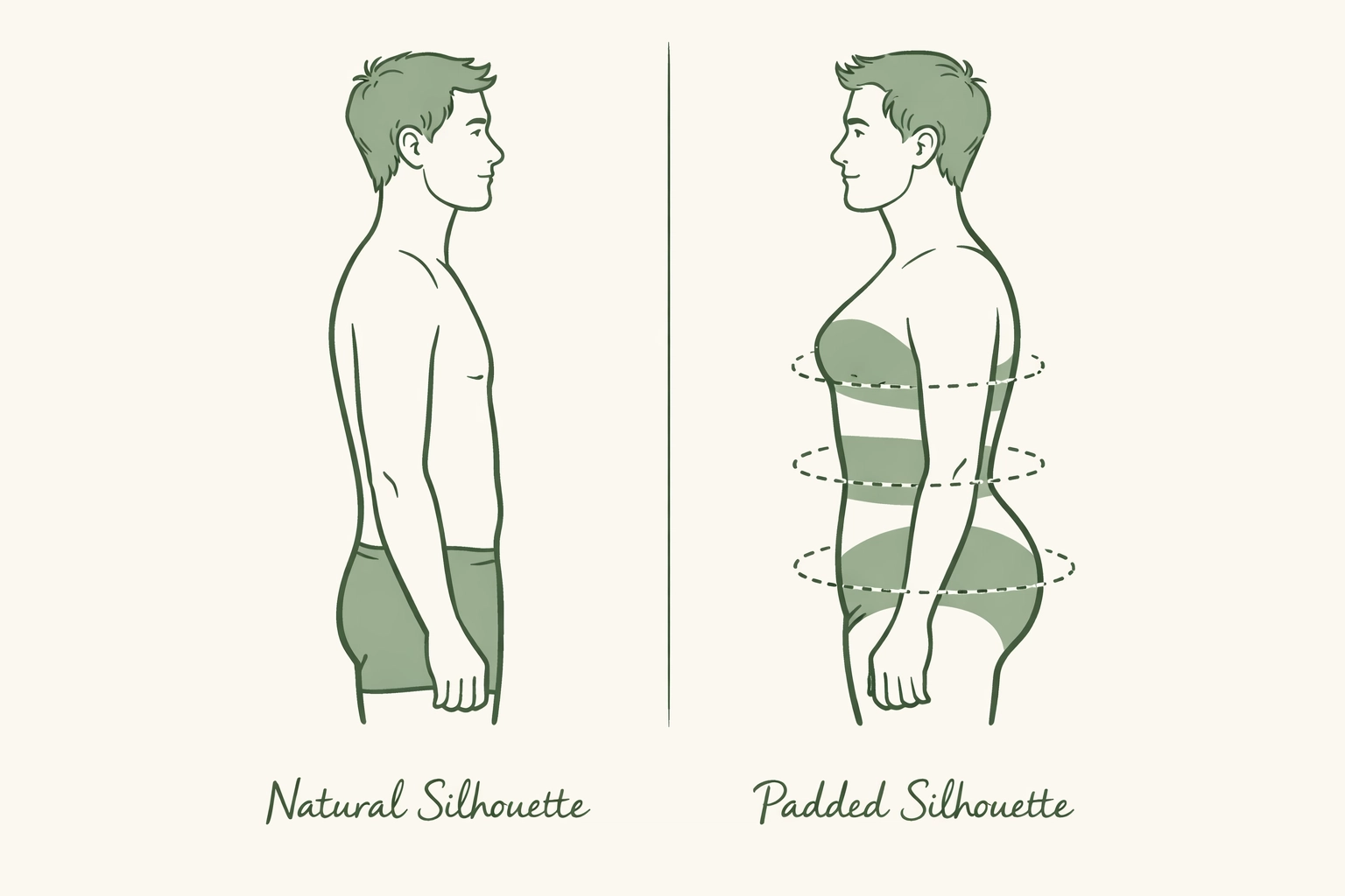 Male silhouettes showing drag padding transformation with hip, chest, and waist placement
