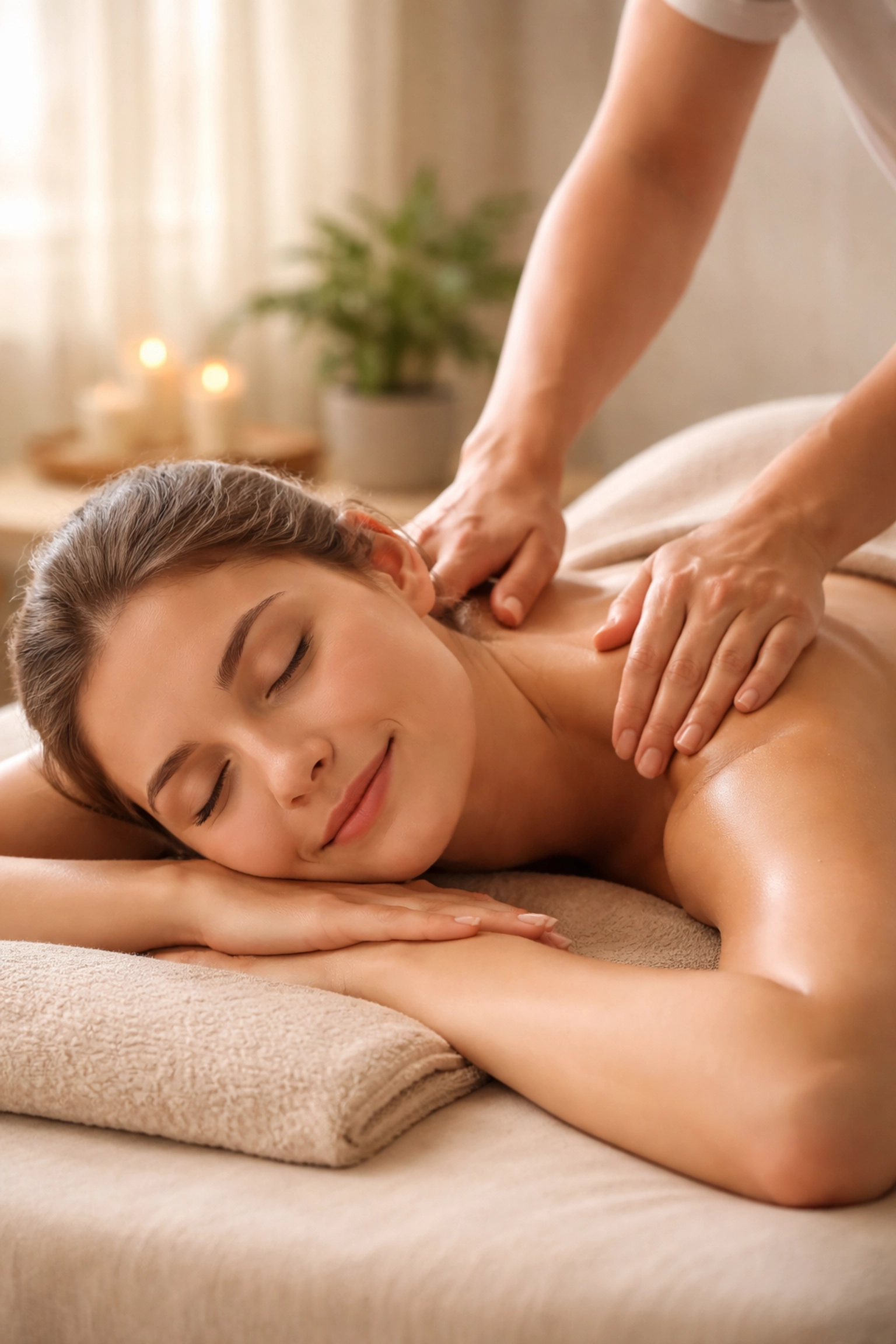 Massage therapist massaging client's shoulders in peaceful spa, showing stress relief and client satisfaction