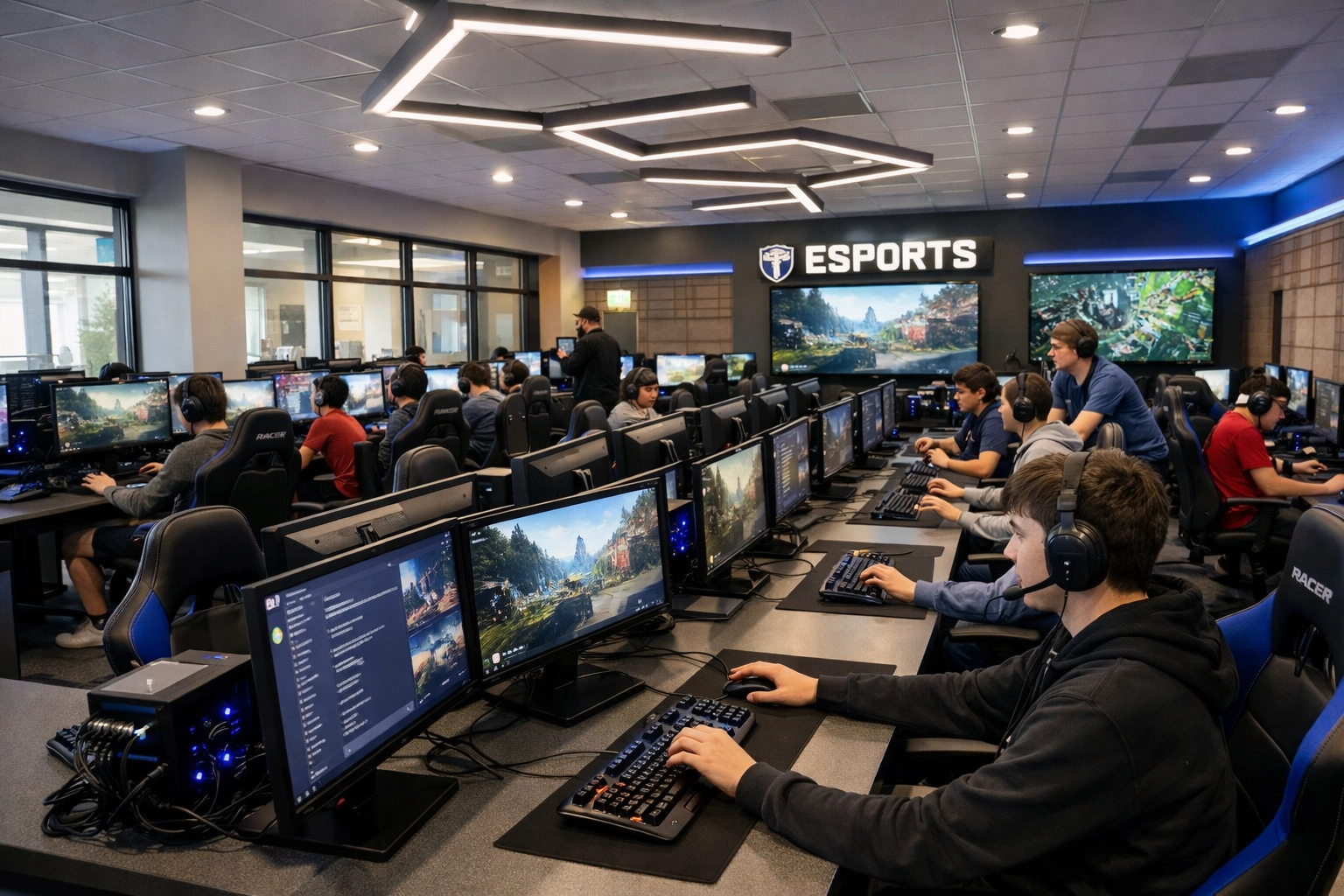 High school esports gaming facility with students showcasing brand partnership opportunities
