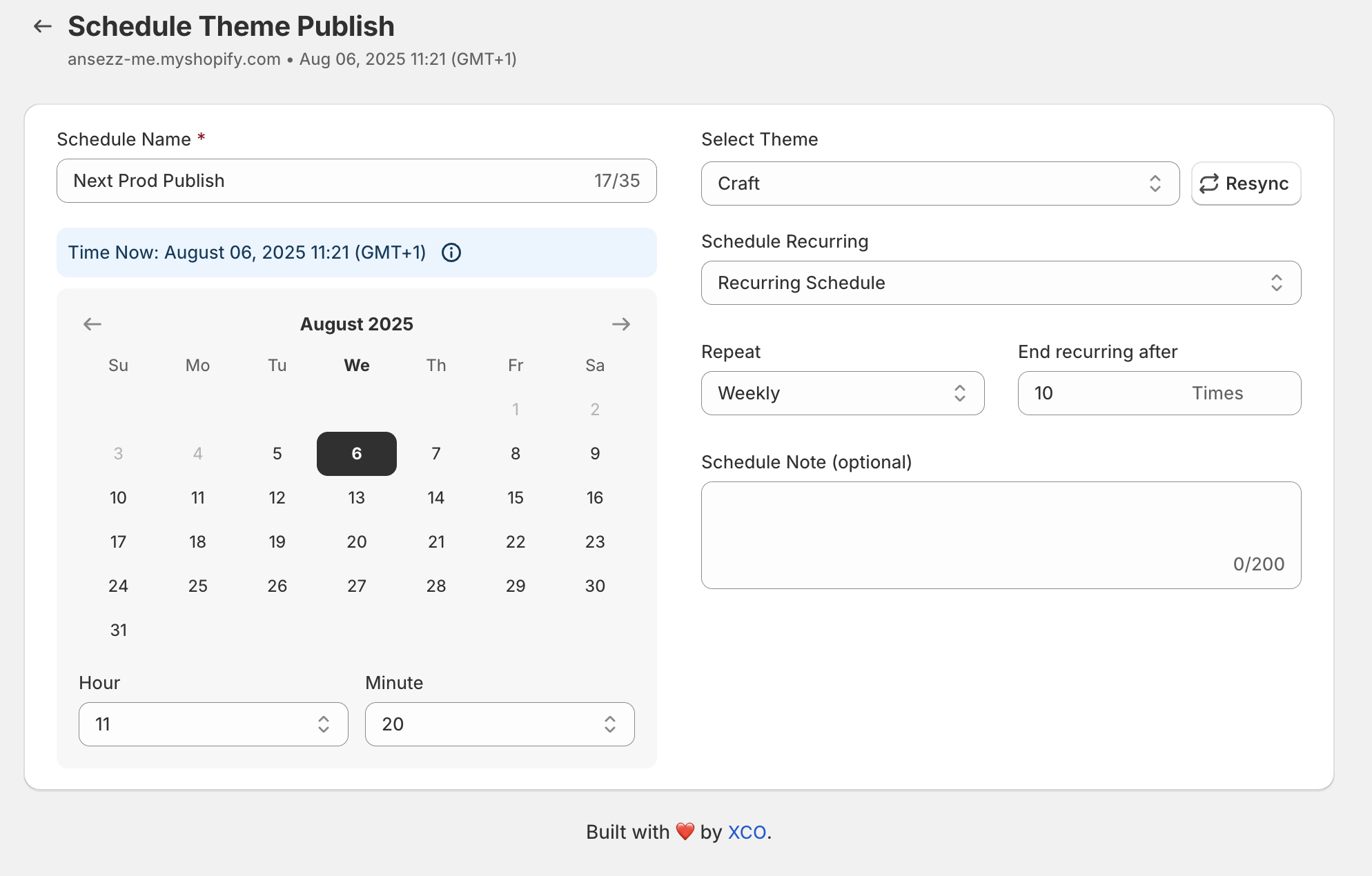 Shopify scheduling interface for theme publishing designed by XCO Agency