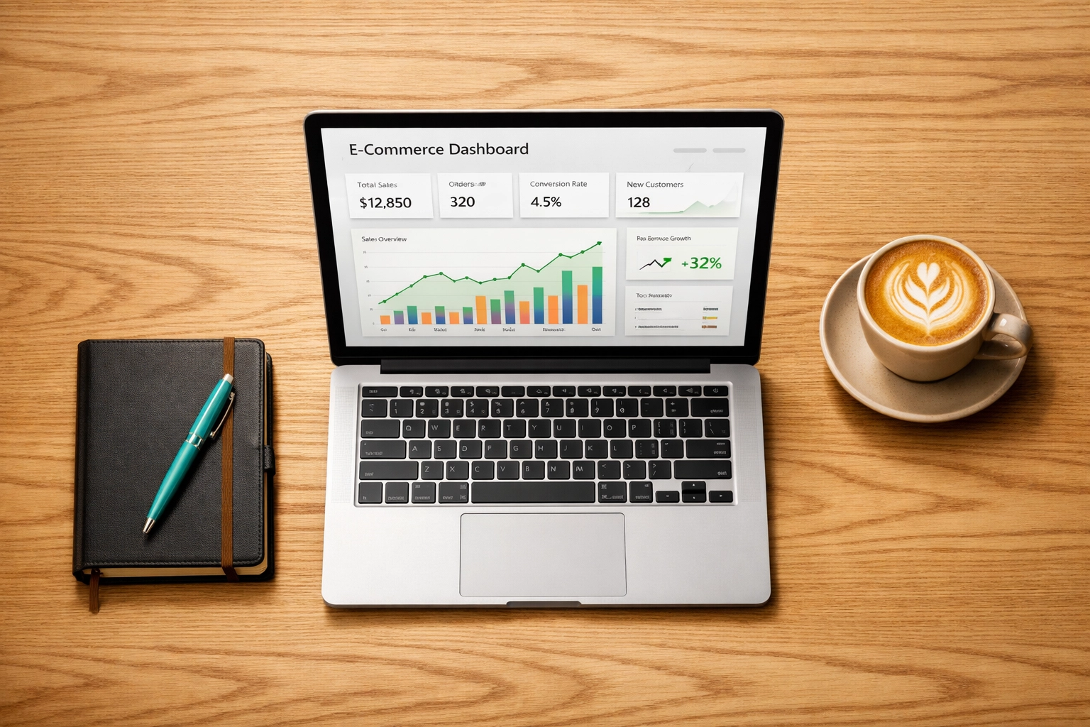 Laptop showing a successful e-commerce dashboard after a Magento development agency audit.