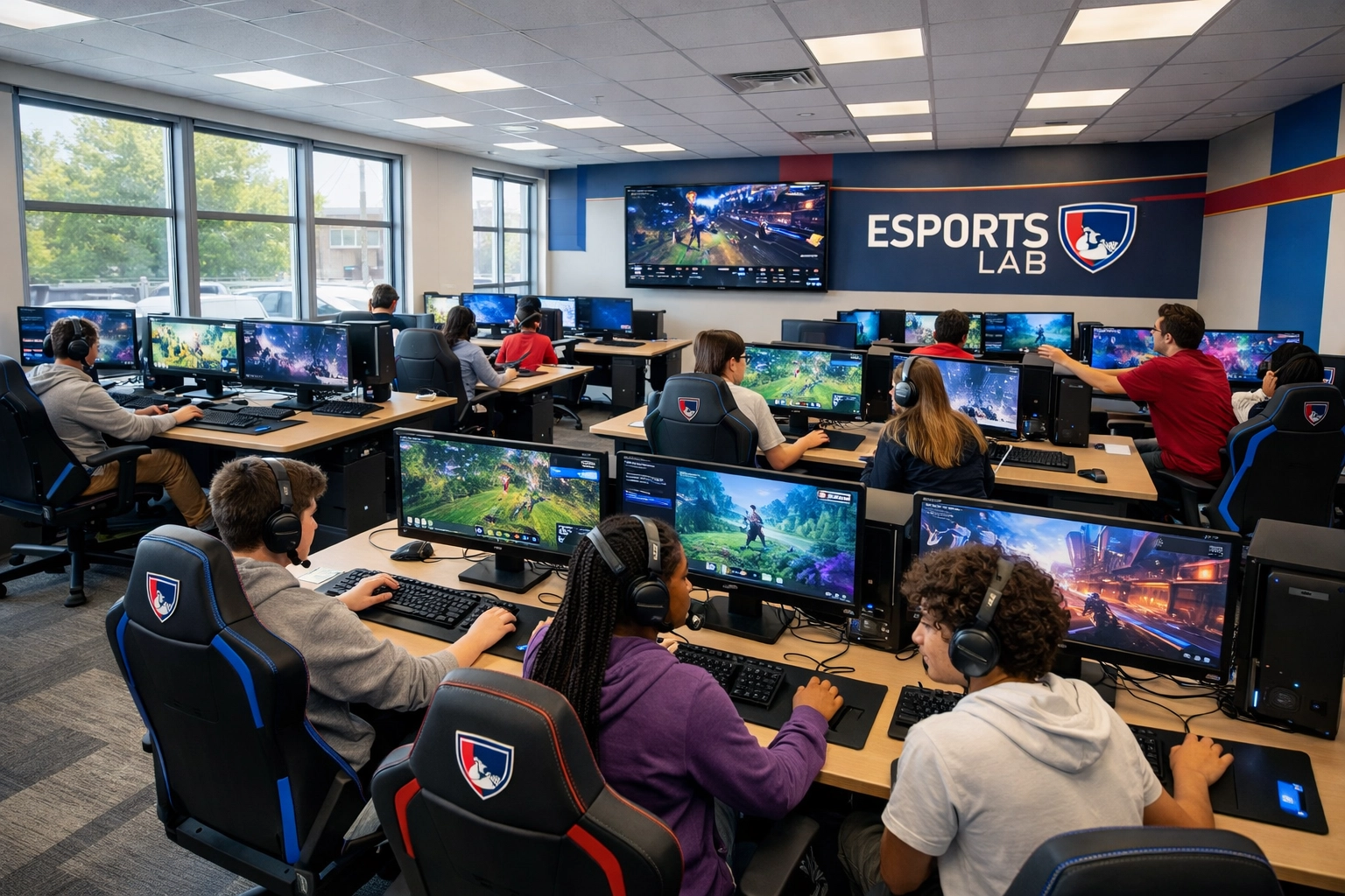 High school esports lab with students at gaming workstations for educational brand integration