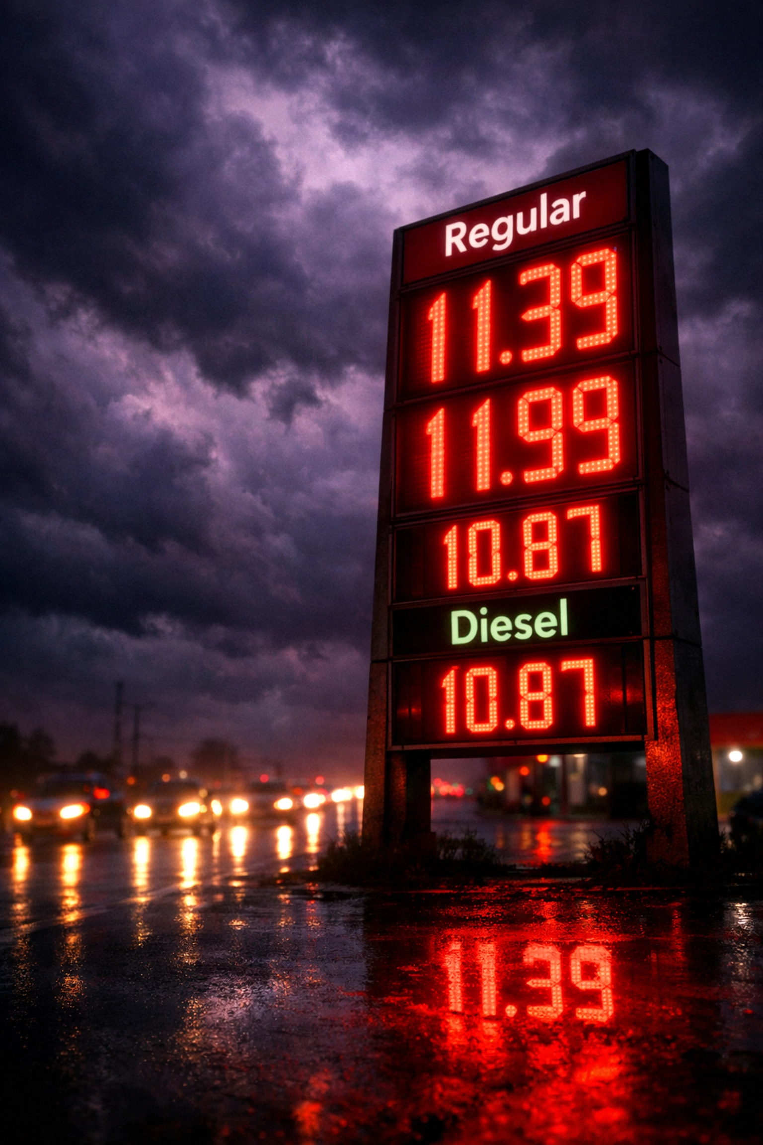 A gas station price sign showing expensive gasoline under a dark sky during a fuel shortage.