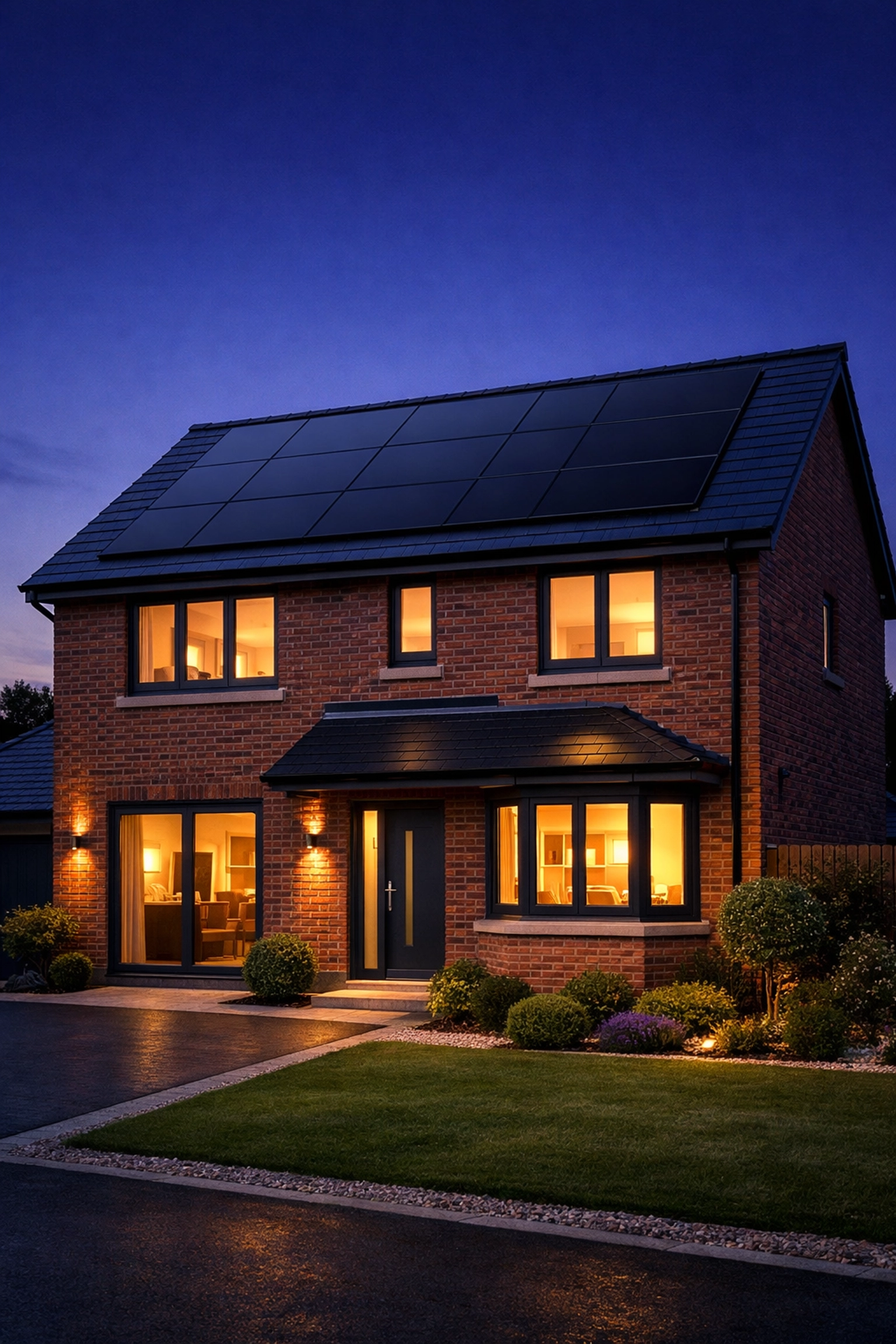 Premium black-on-black solar panels integrated onto the roof of a modern UK detached home.