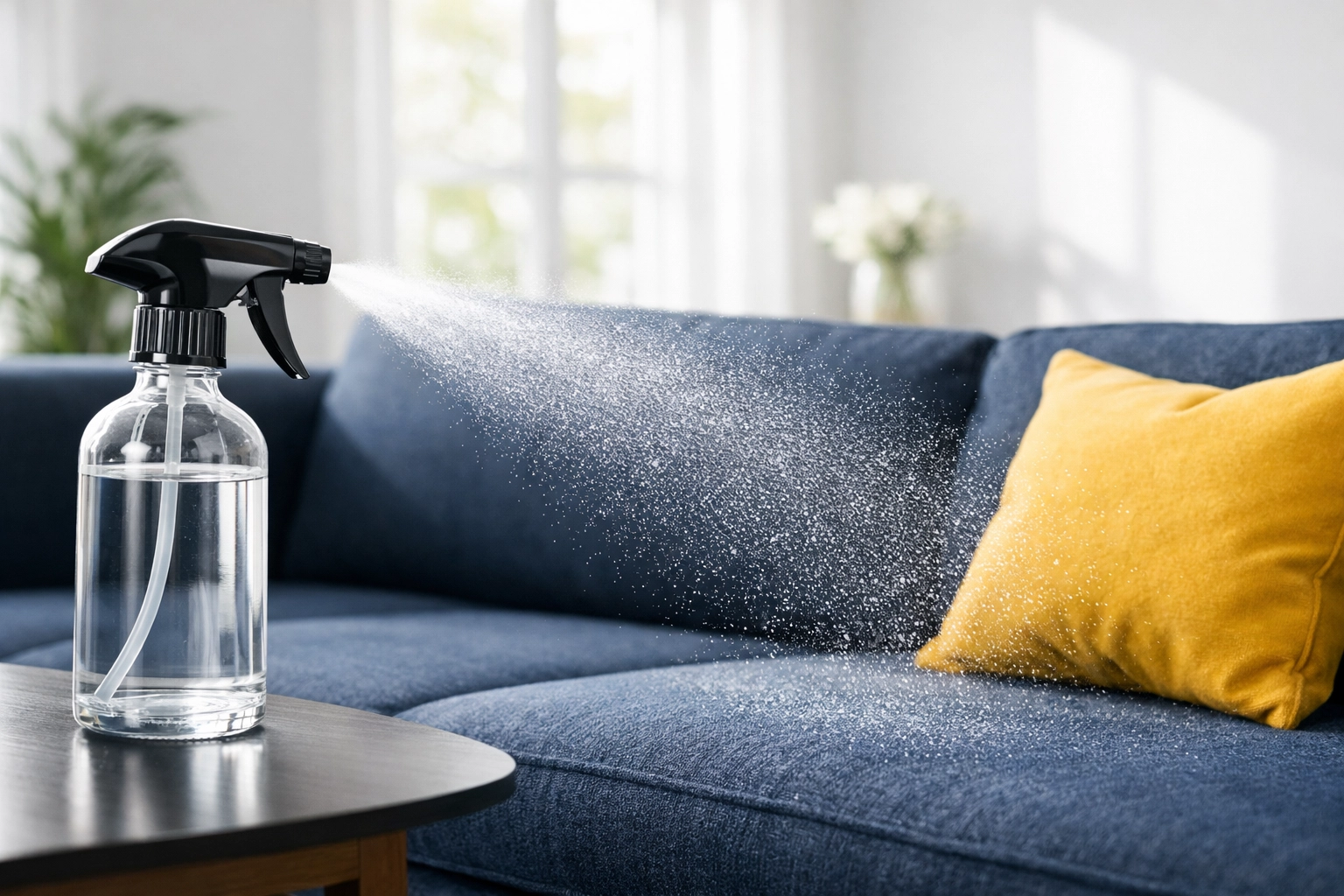Fine mist from a spray bottle refreshing a navy blue upholstered sofa in a clean, modern home.