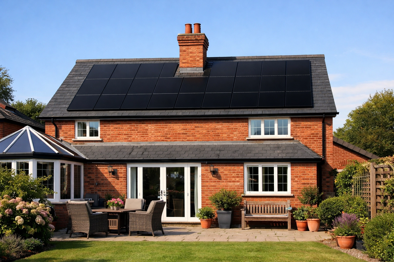 High-quality black-on-black solar panels precisely installed on a UK home roof to avoid shading and maximize yield.