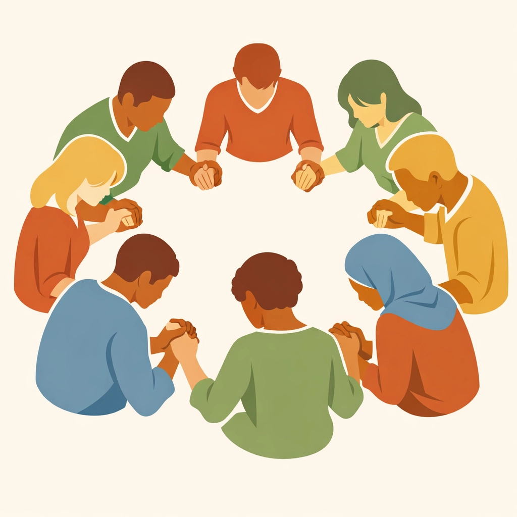 Diverse faith community holding hands in prayer circle, supporting trauma healing together