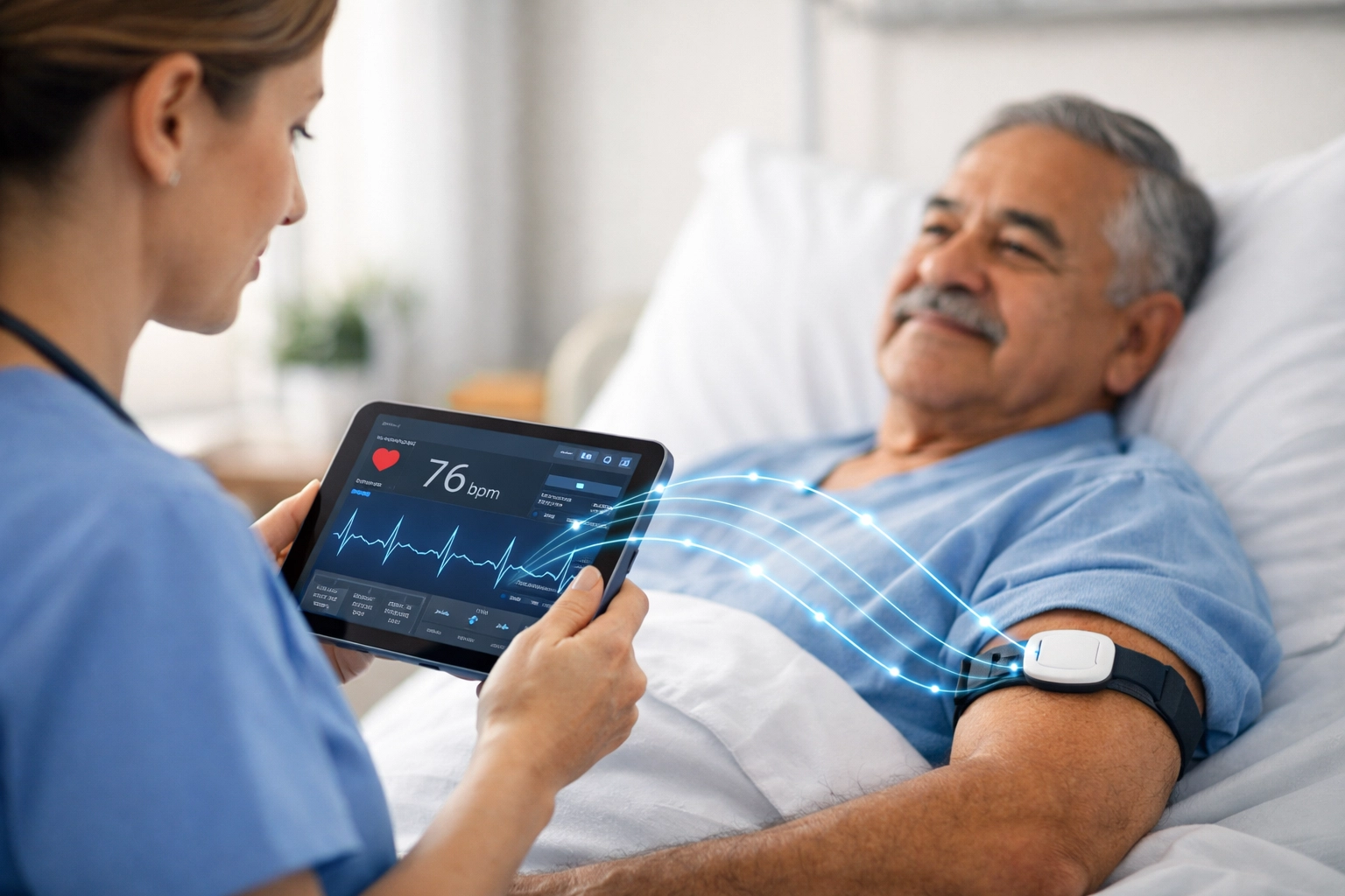 Modern medical tablet syncing with a wearable patient monitor, showing the complex web of IoMT in healthcare IT.