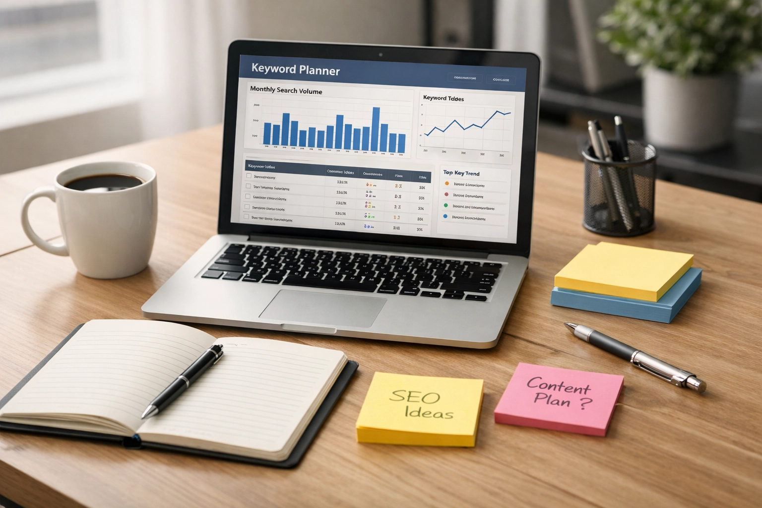 Keyword research workspace with laptop showing SEO analytics and strategy planning by Simon Leung