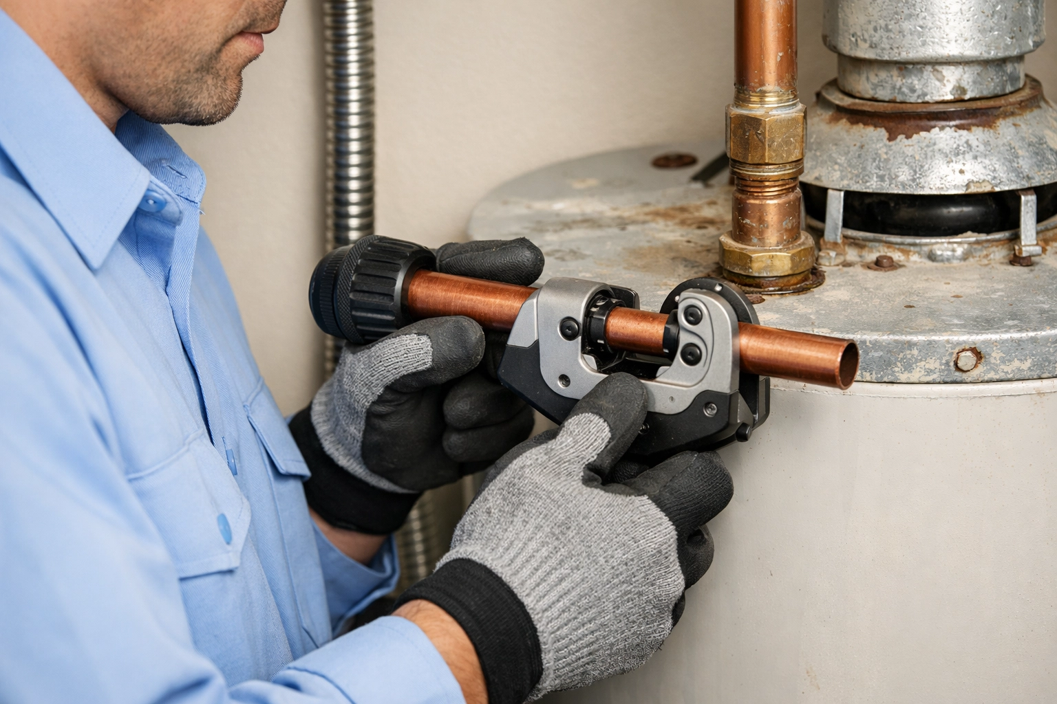 Licensed technician disconnecting copper plumbing lines for a water heater replacement.