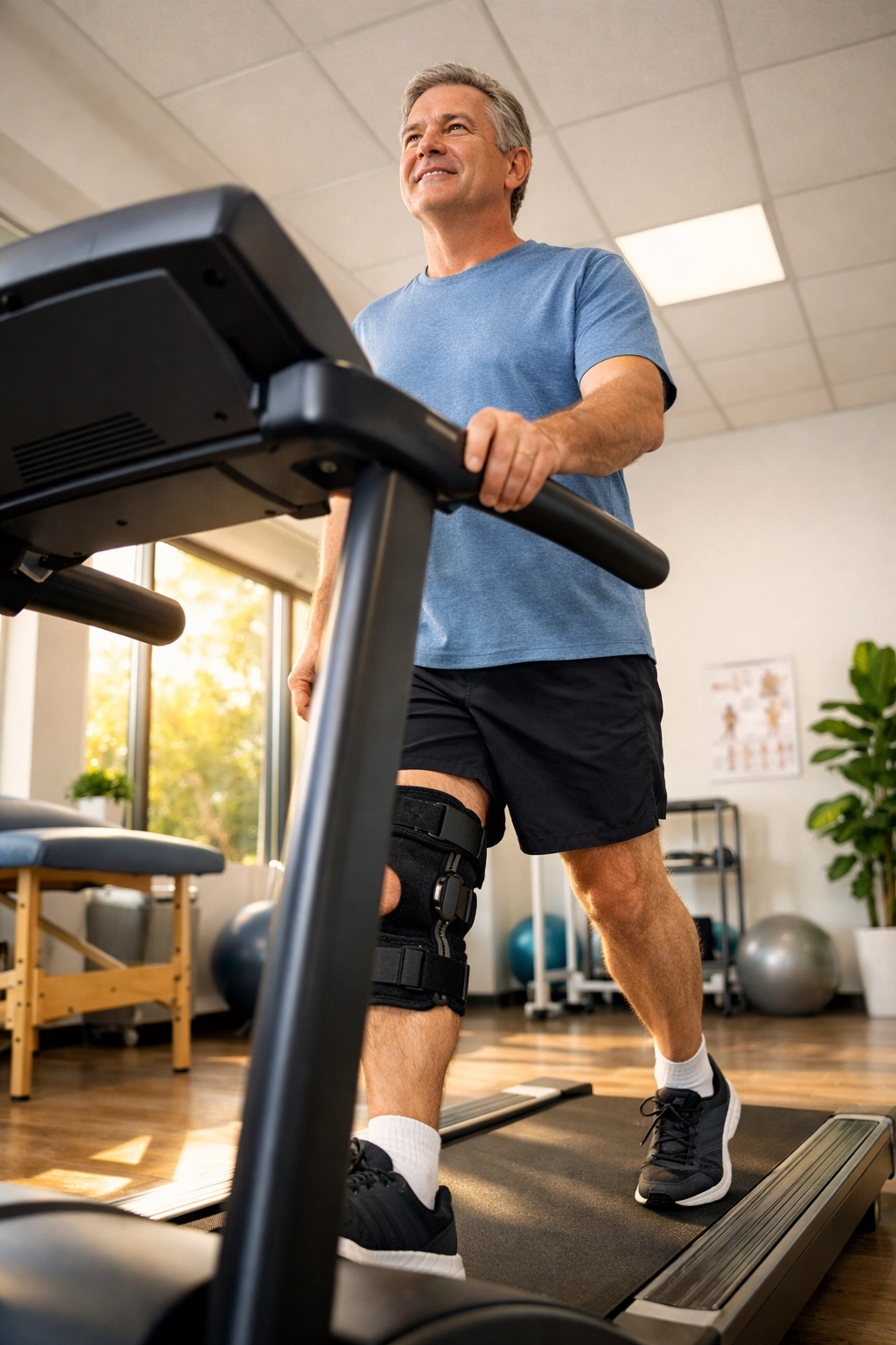 Patient walking on treadmill with knee brace during meniscus surgery recovery