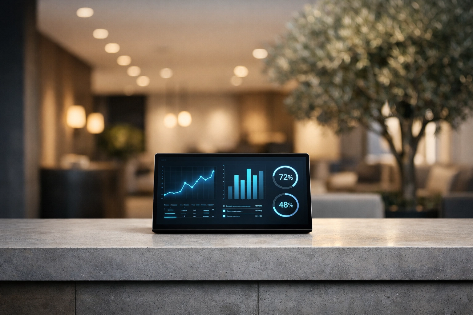 Minimalist hotel reception desk using digital tablets for AI-powered hospitality operations.