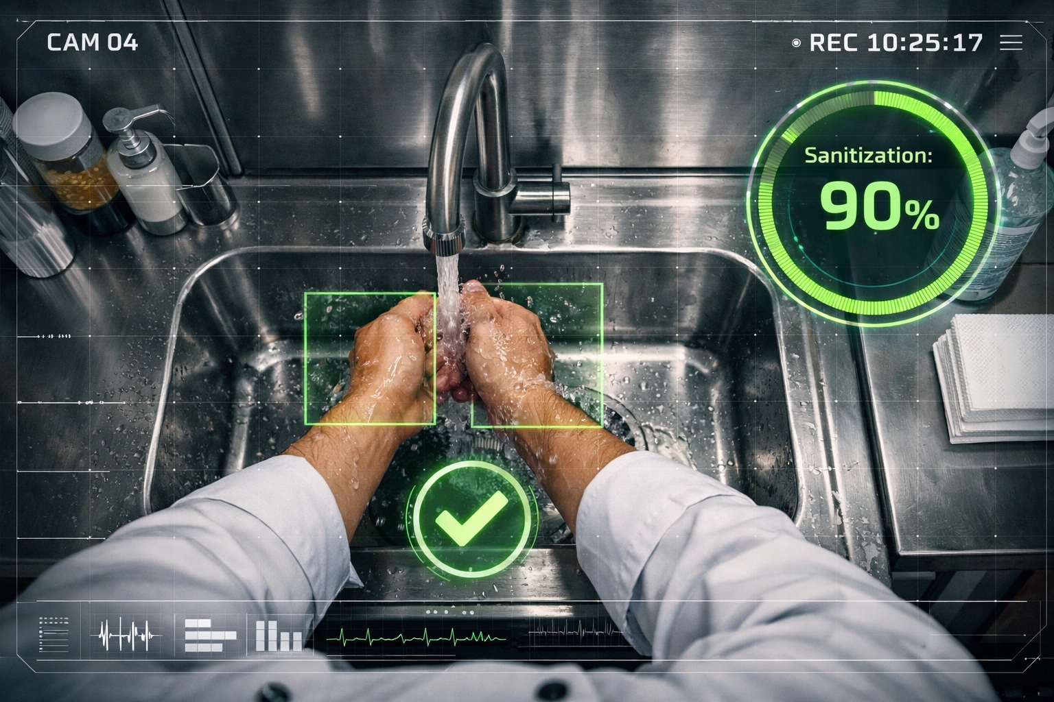 AI video analytics monitoring hand washing for restaurant food safety and hygiene compliance.