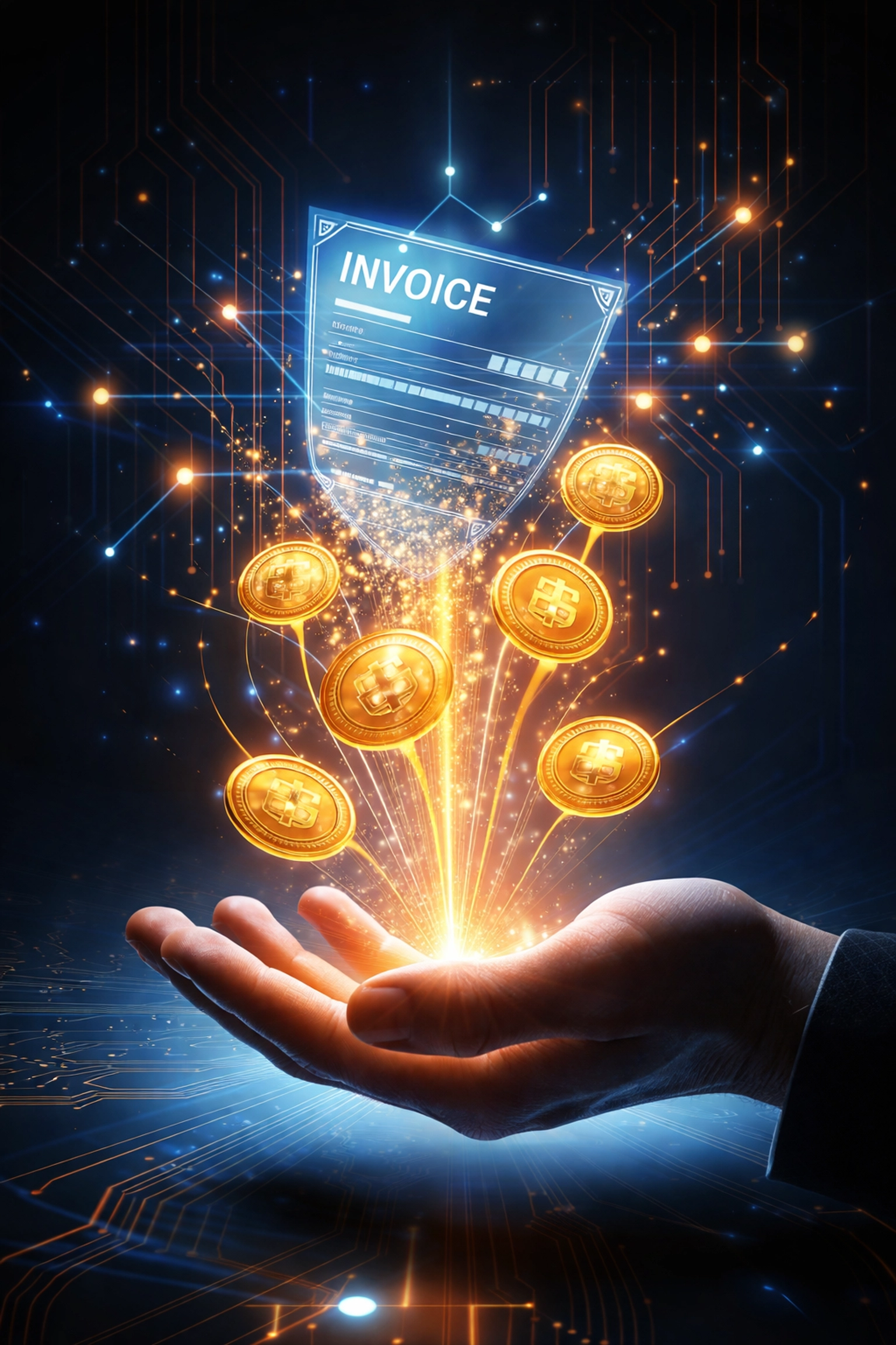 A digital invoice transforms into blockchain tokens above a hand, symbolizing instant receivables tokenization for crypto POS systems.