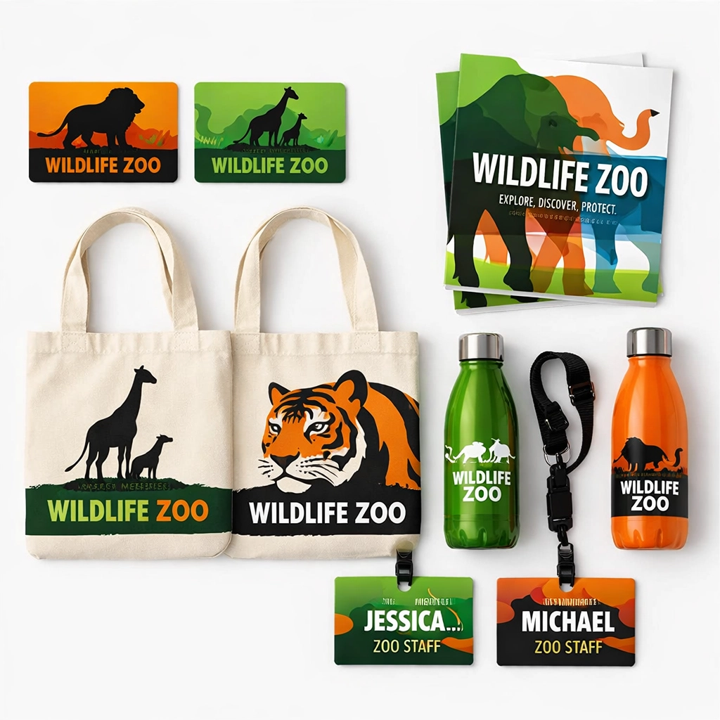 Zoo branded marketing materials including membership cards brochures and merchandise layout