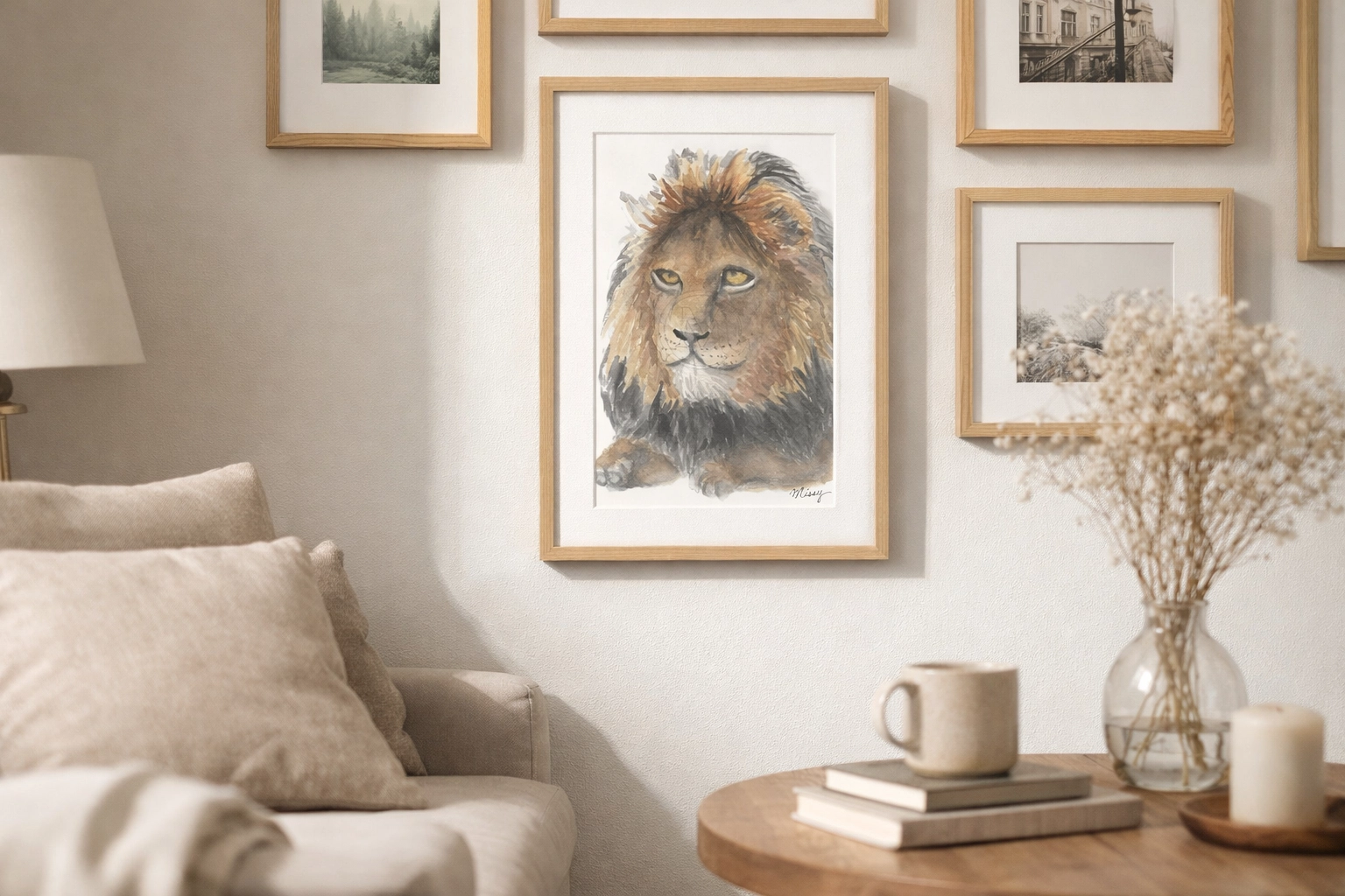 Missy’s Lion print in a gallery wall lifestyle mockup scene