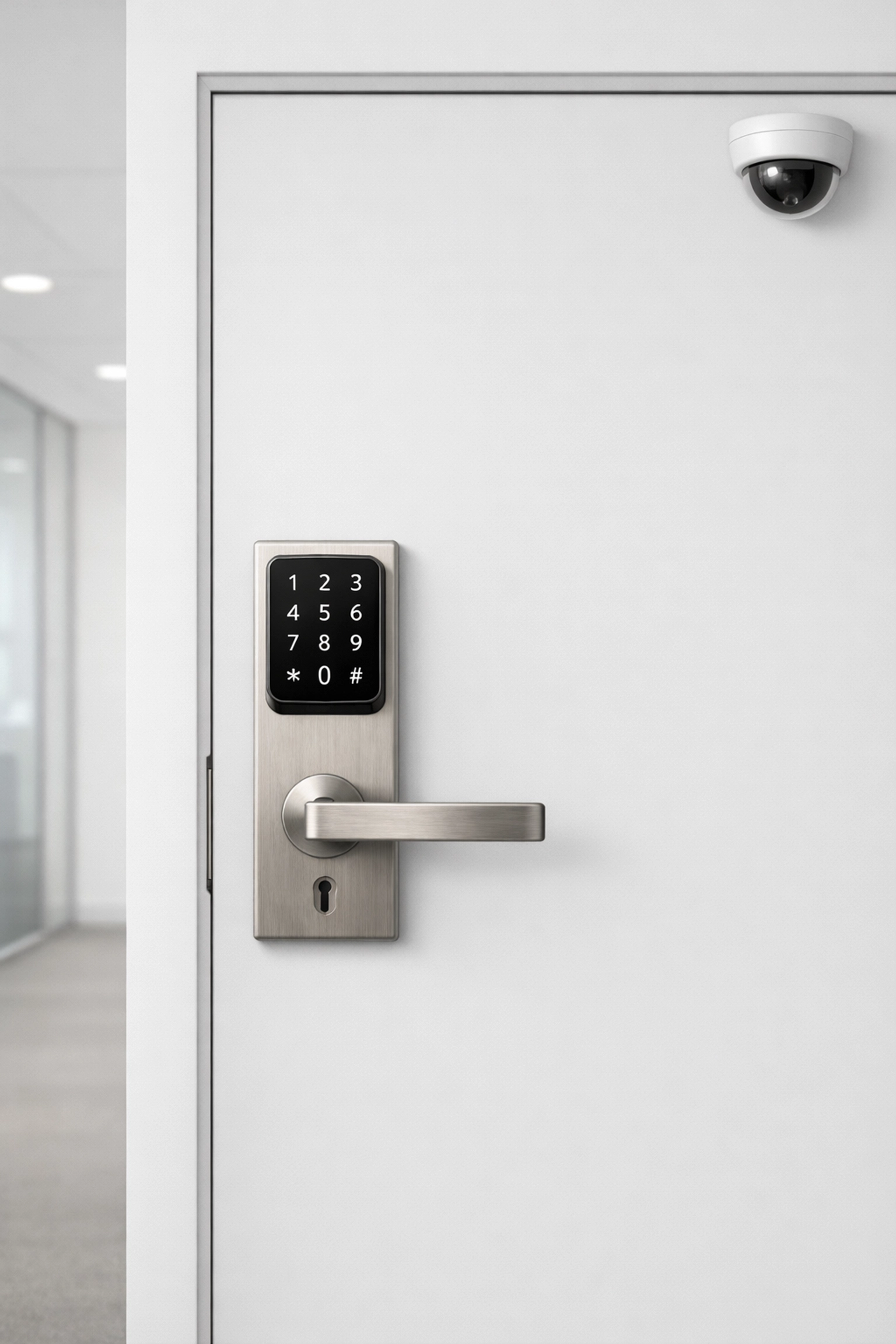 Electronic keypad lock and security camera protecting tax office physical access