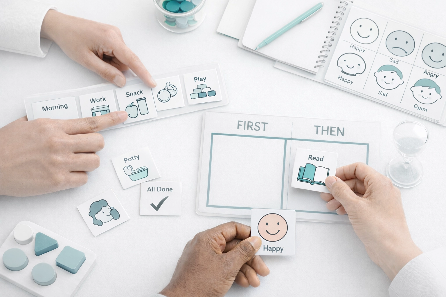 Therapy materials including visual schedules and picture cards for autism behaviour support