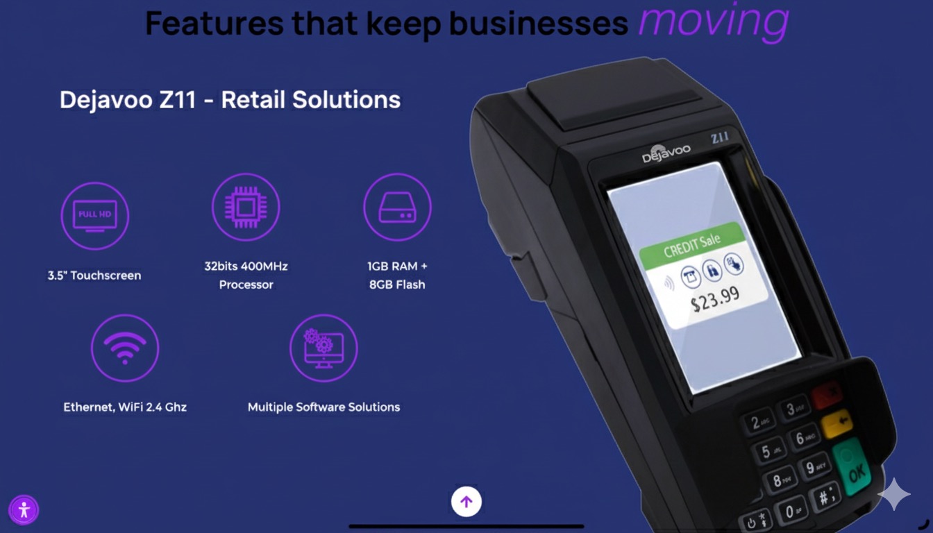 The Dejavoo Z11 payment terminal featuring a touchscreen and WiFi connectivity