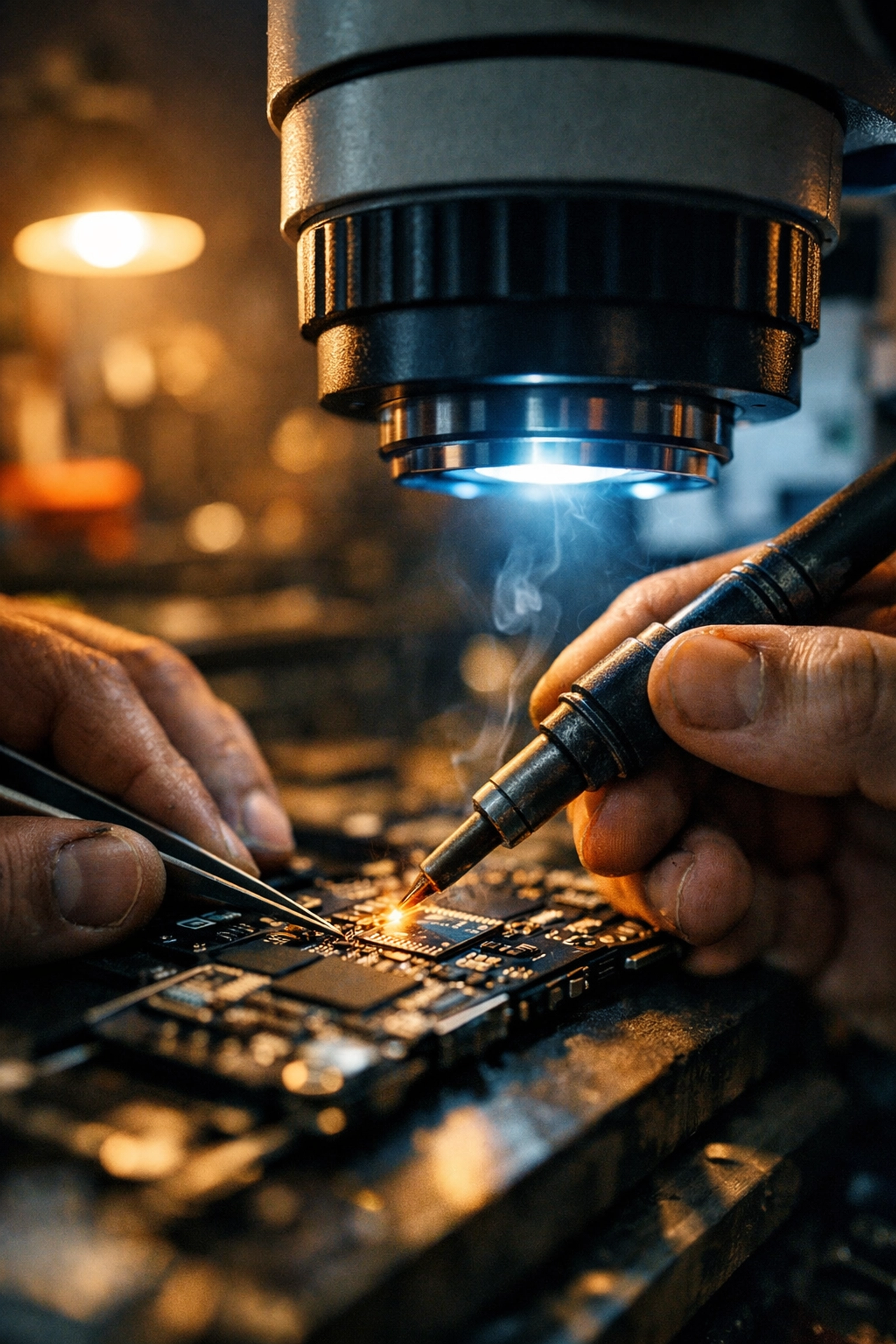 Technician performing microsoldering on iPhone display chip at Brooklyn repair shop
