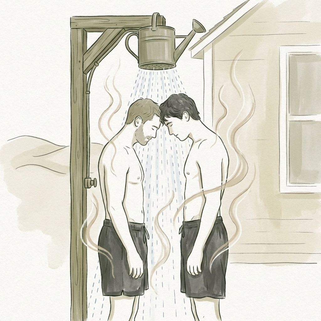 Beach house outdoor shower scene depicting intimate summer tension in gay romance