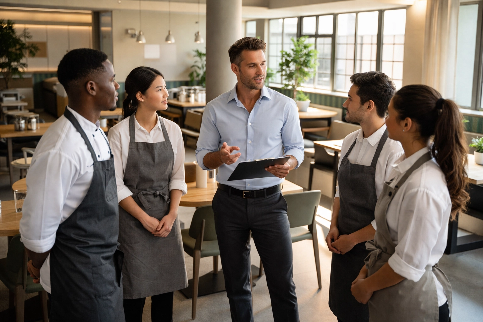 Restaurant team gathers for pre-shift huddle, highlighting staff training and collaborative communication