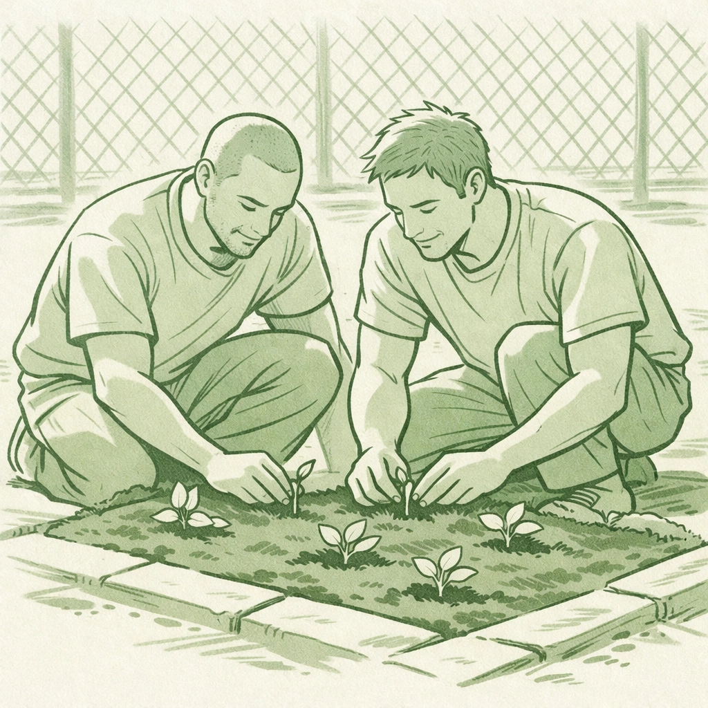 Two men planting seedlings together in prison yard - MM romance Garden of Concrete