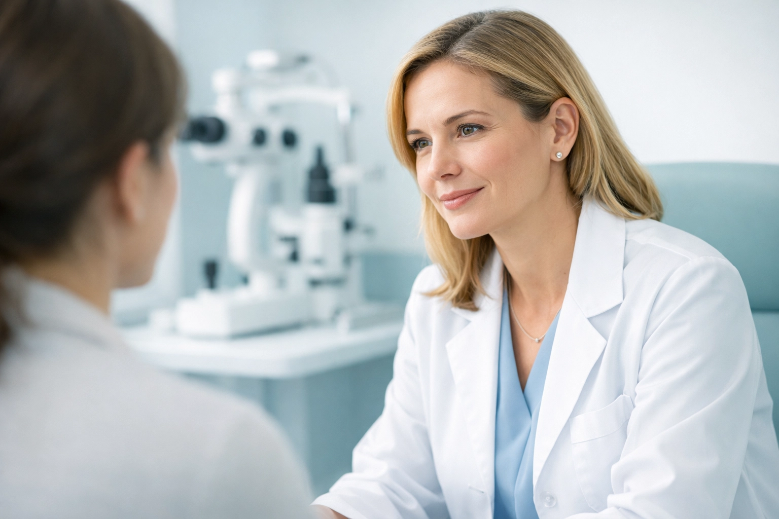 Professional optometrist providing patient care in a clinic while managing revenue cycle efficiency.