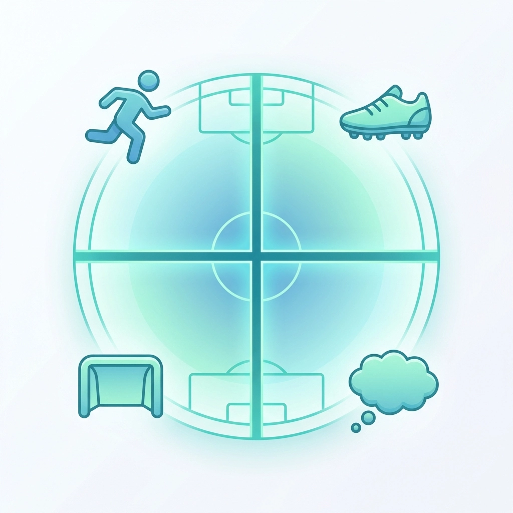 Bird's-eye view illustration of a structured football pitch with icons for key training session phases