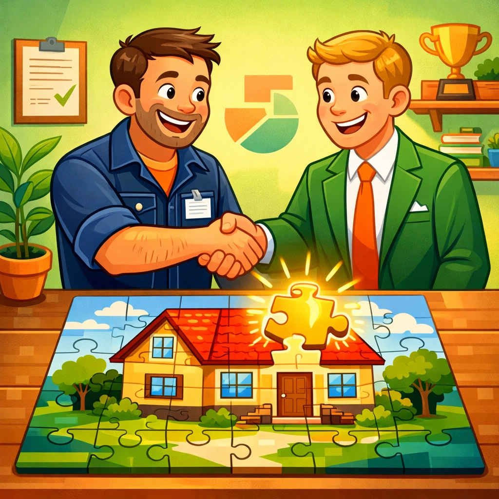 Business owner and client shaking hands over a completed project, representing successful sales conversion.