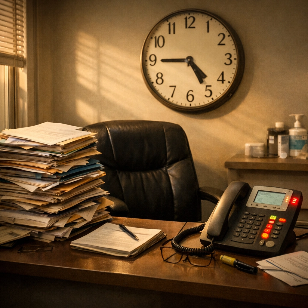 Empty medical office desk with patient files and ringing phone showing healthcare staffing shortage