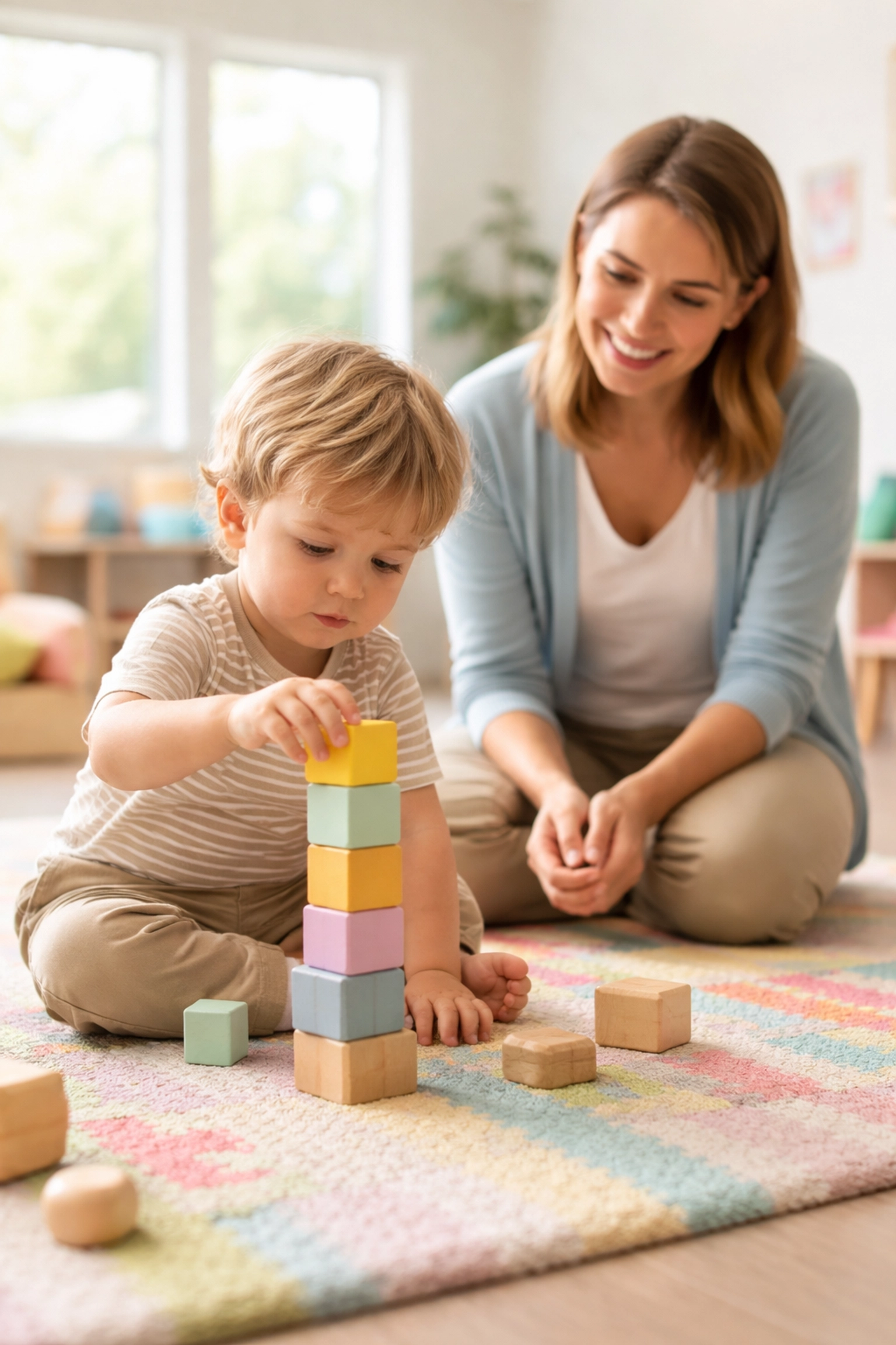 Toddler building with blocks in a bright therapy room during early intervention ABA in Tyrone, Georgia