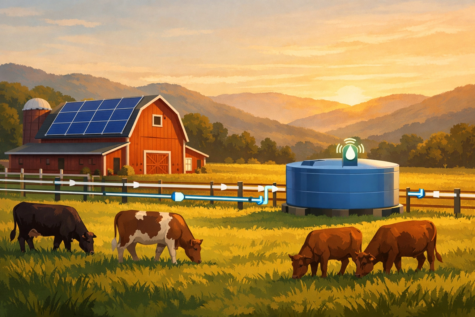 Farm with automated water monitoring and solar panels for energy conservation on cattle operation